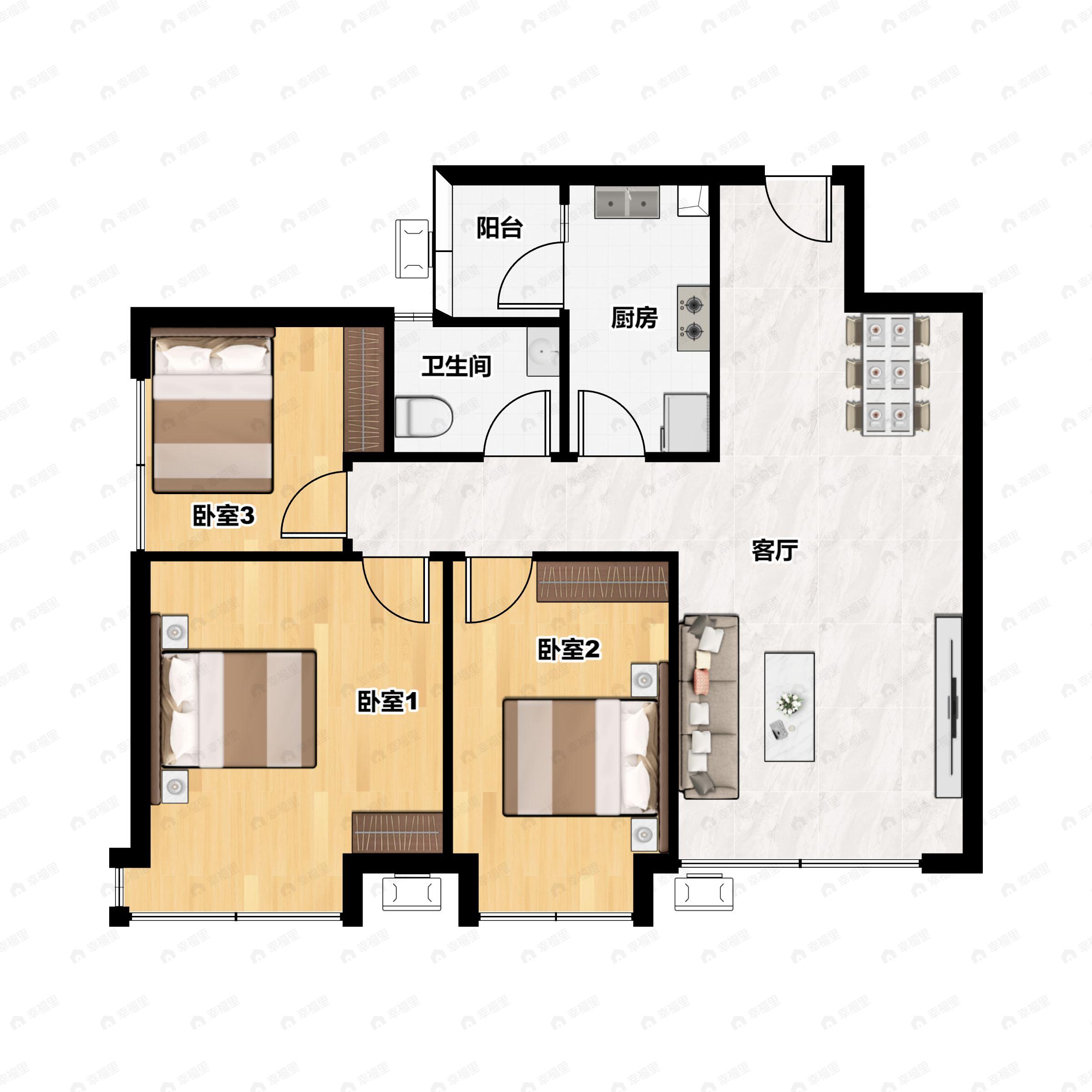 3室2厅1卫建面80平南户型图