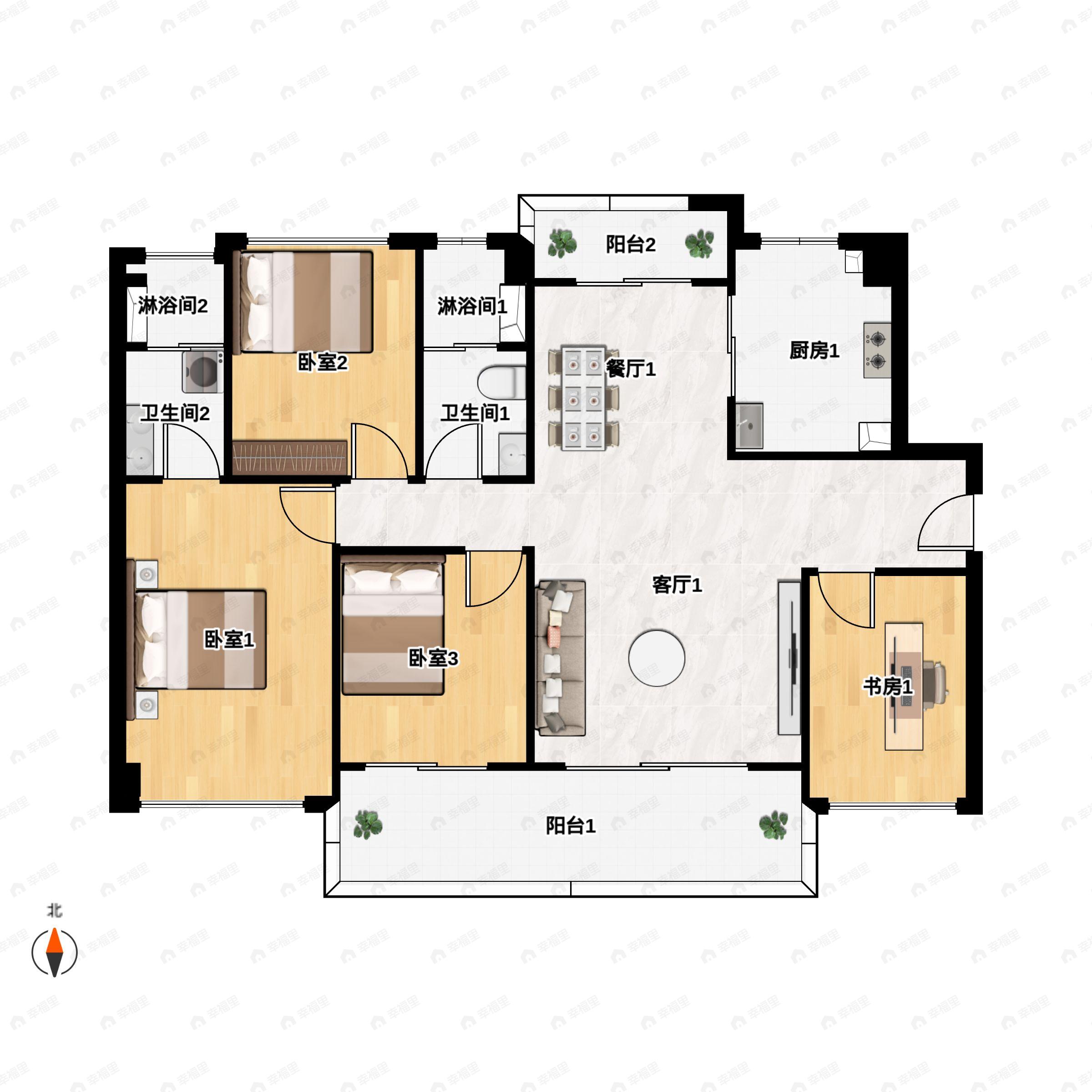 4室2厅2卫建面128平南|北户型图