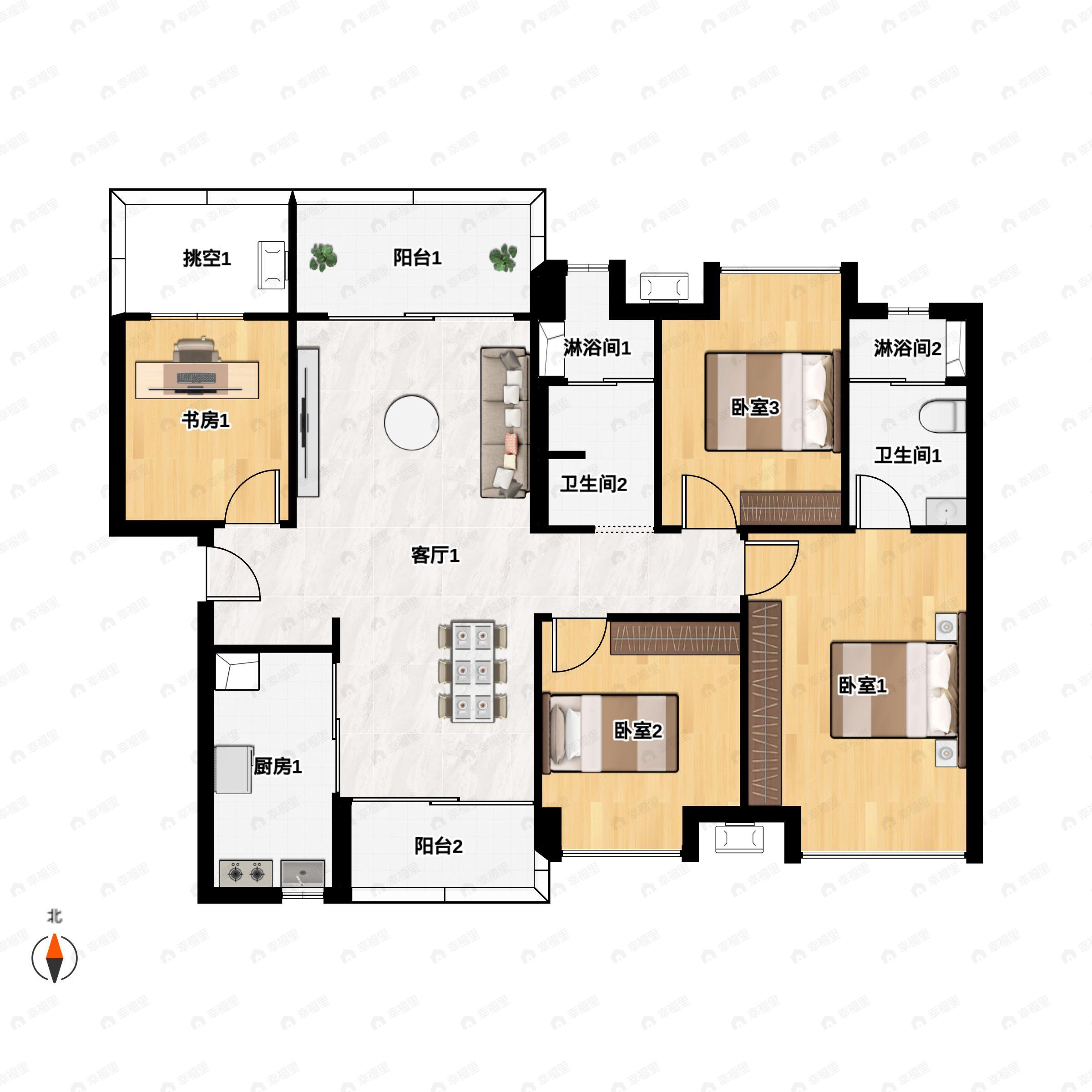 4室2厅2卫建面108平户型图
