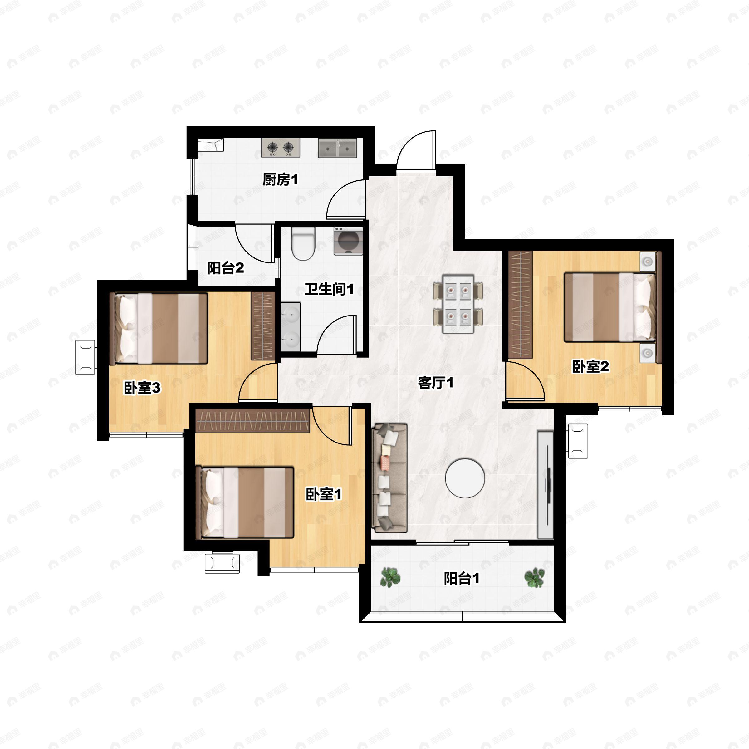 3室2厅1卫建面94平南户型图