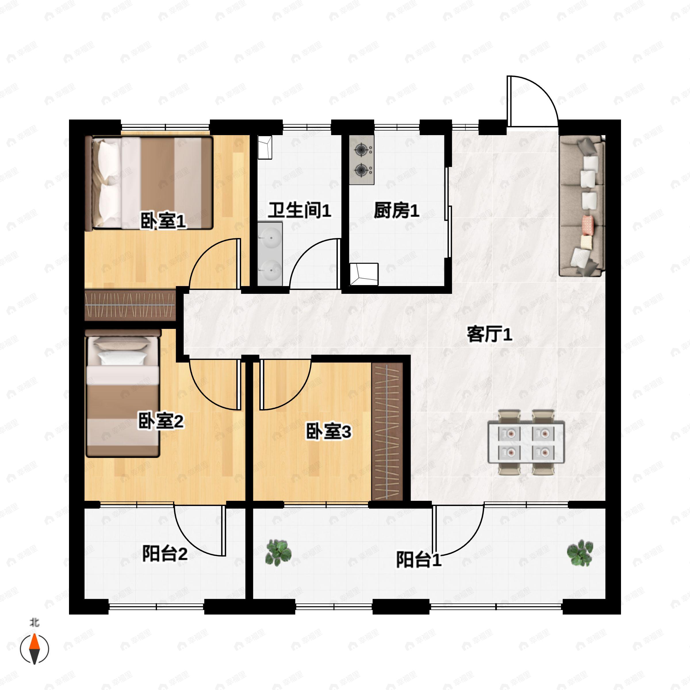 3室2厅1卫建面100平北|南户型图