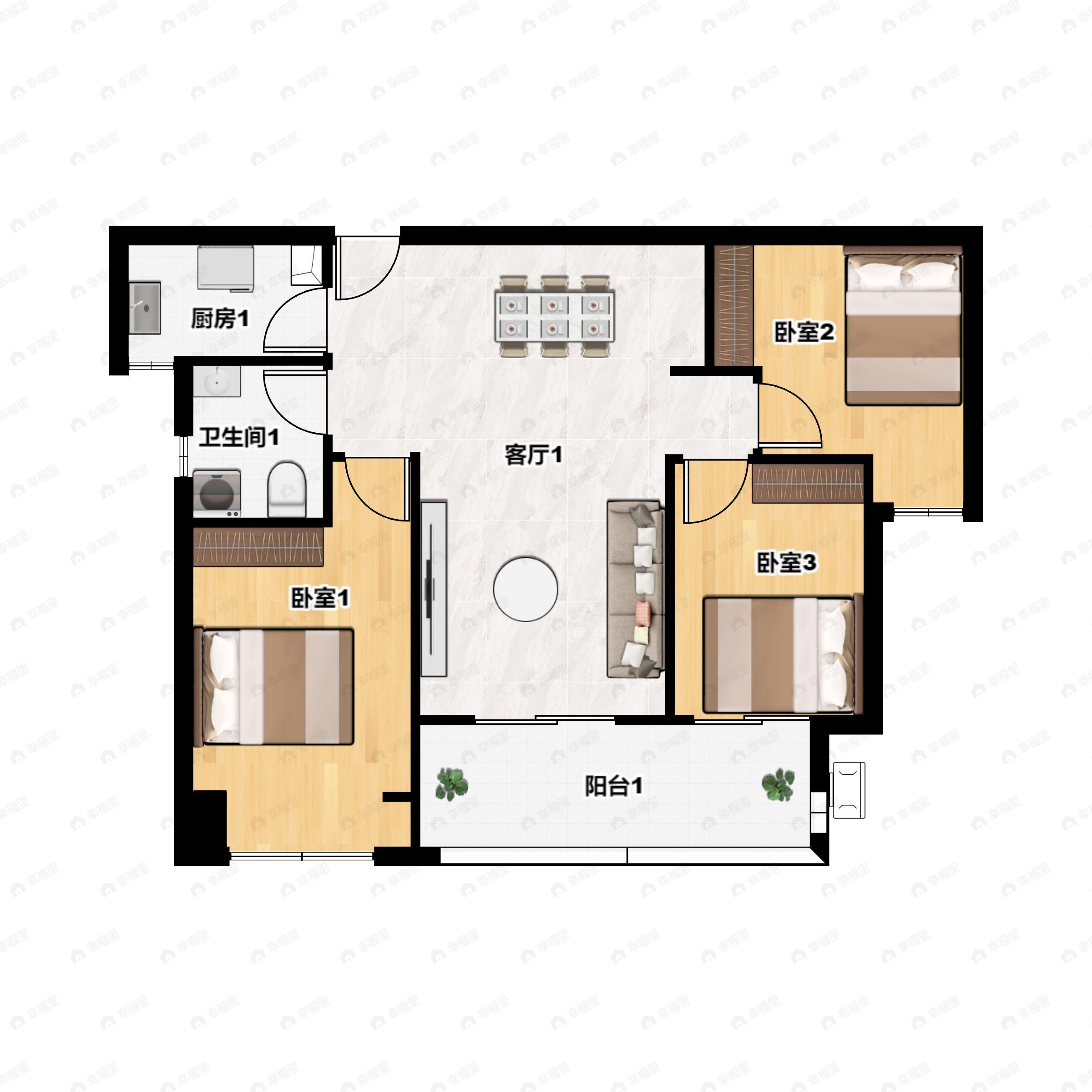 3室2厅1卫建面100平户型图