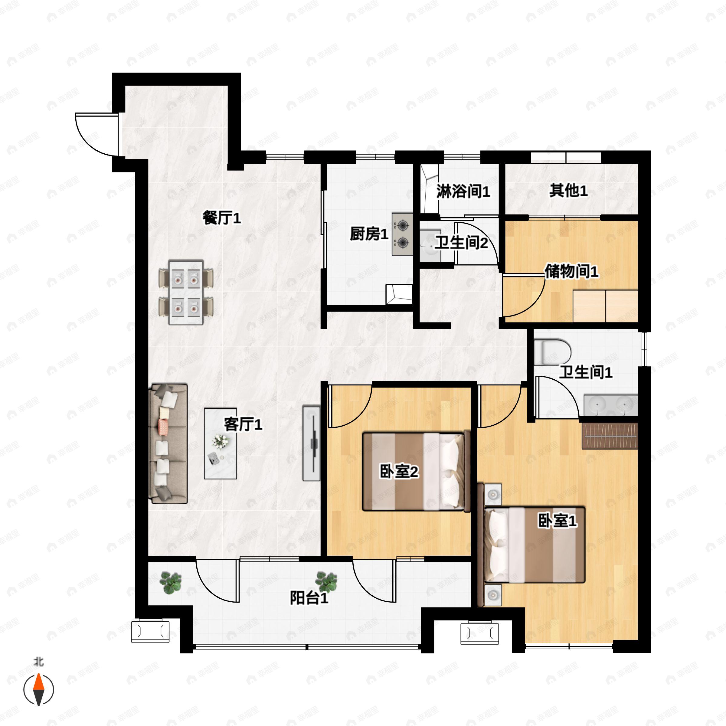 3室2厅2卫建面127平南户型图
