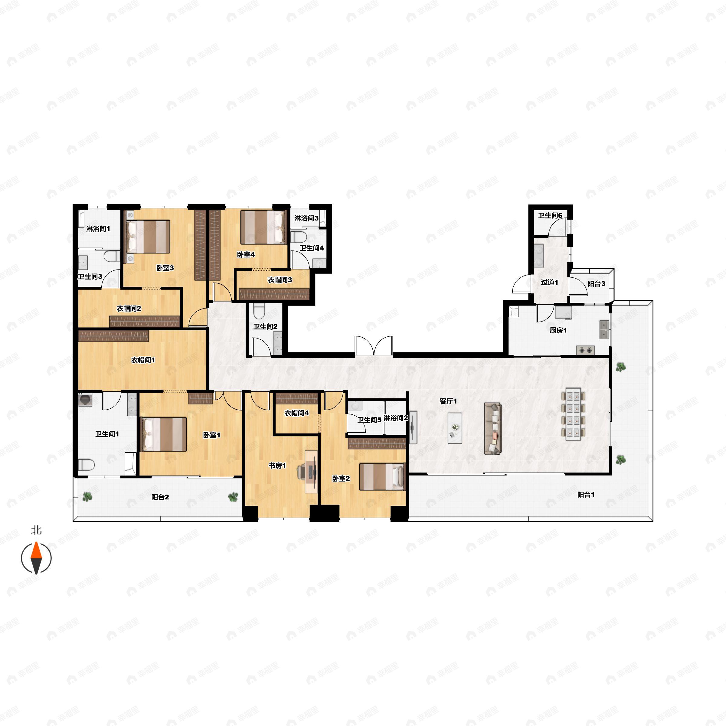 5室2厅6卫建面320平北|南户型图