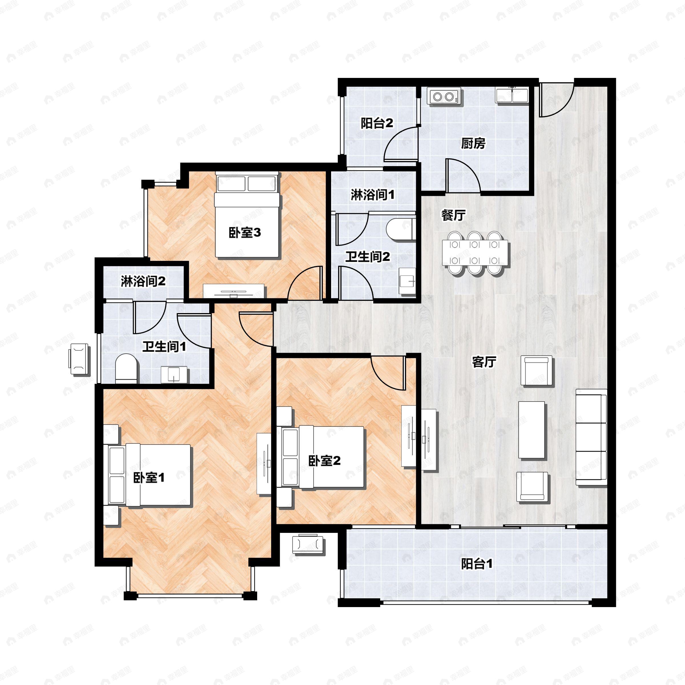3室2厅2卫建面100平西户型图