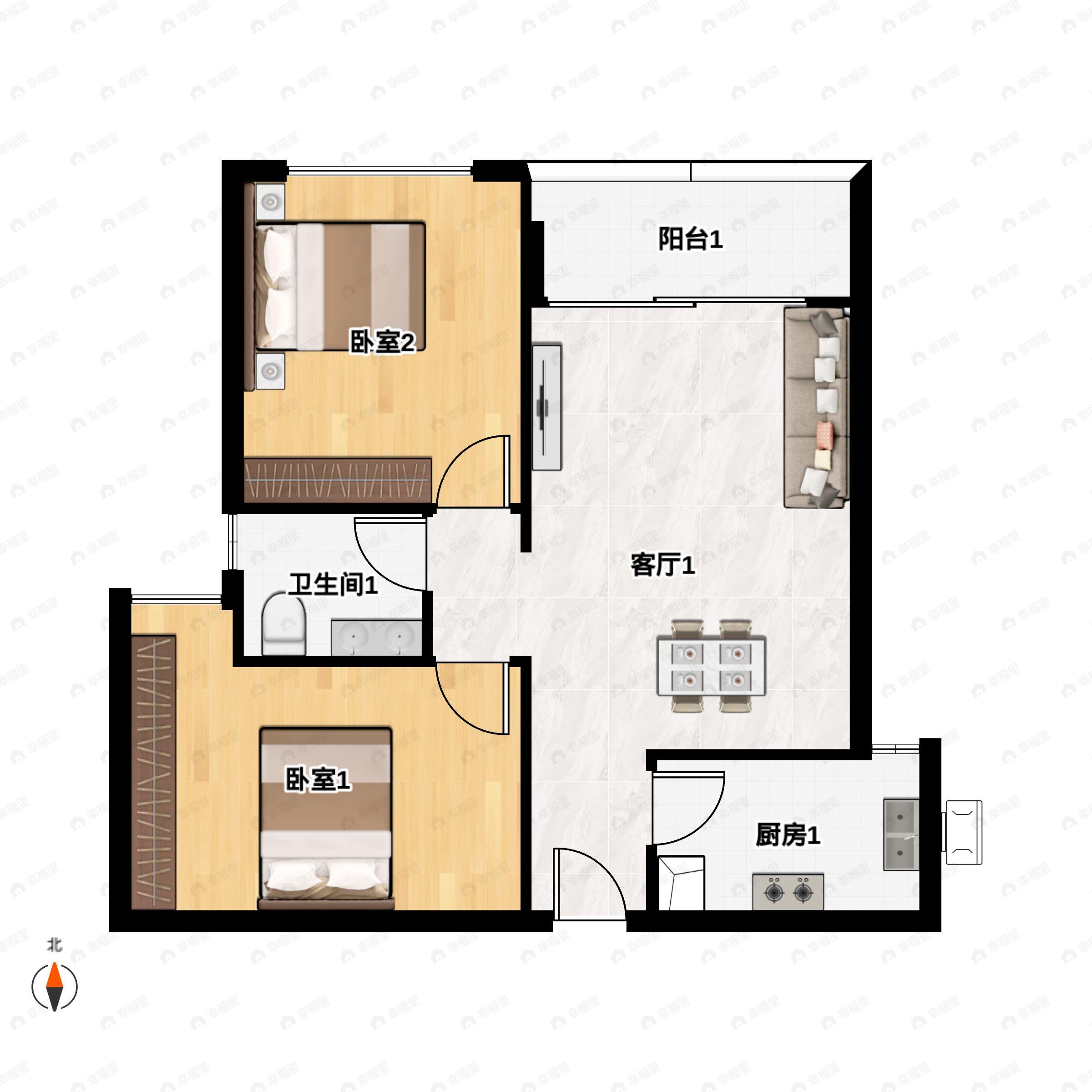 2室2厅1卫建面65m²东南|西北户型图