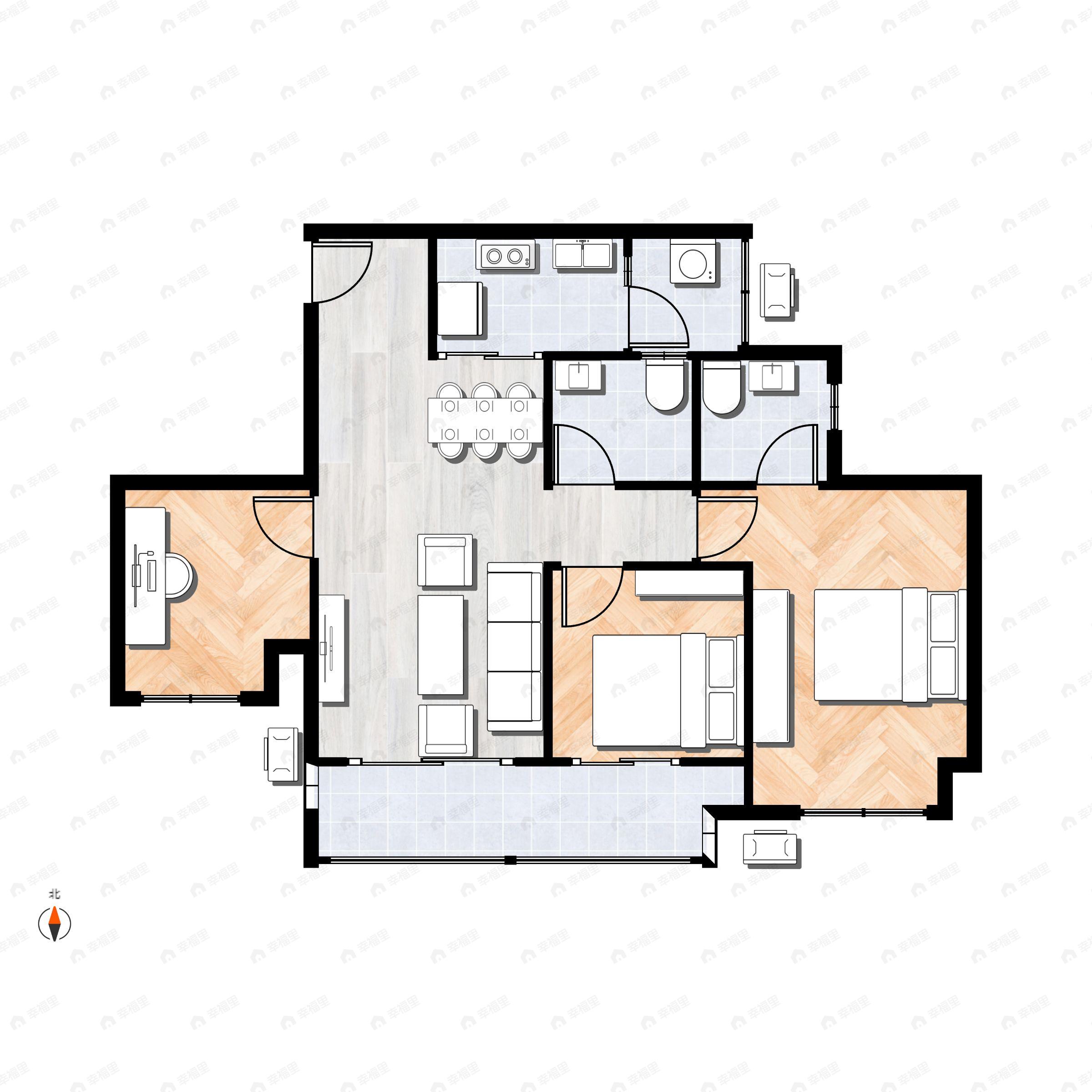 3室2厅2卫建面92m²南户型图