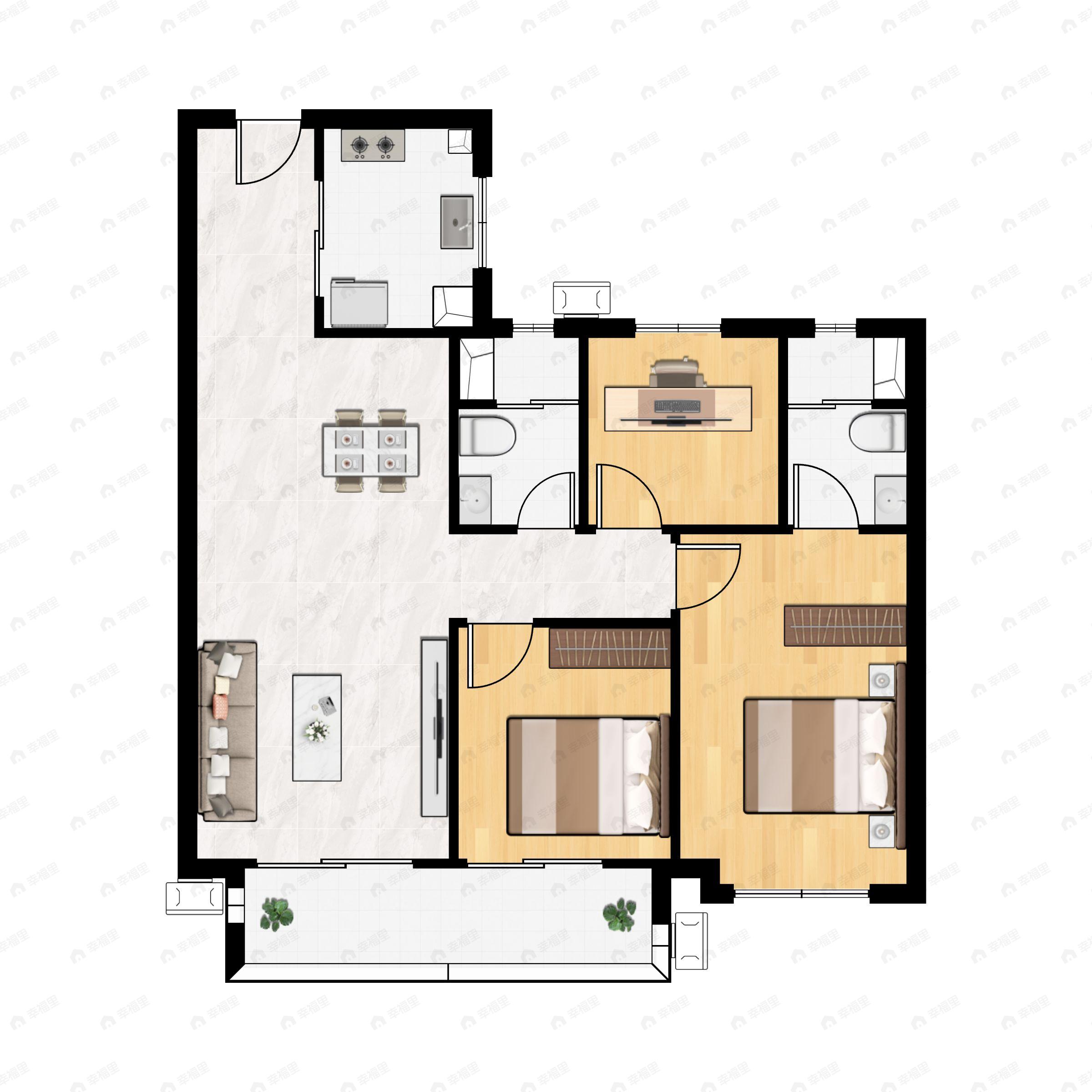 3室2厅2卫建面104平南|北户型图