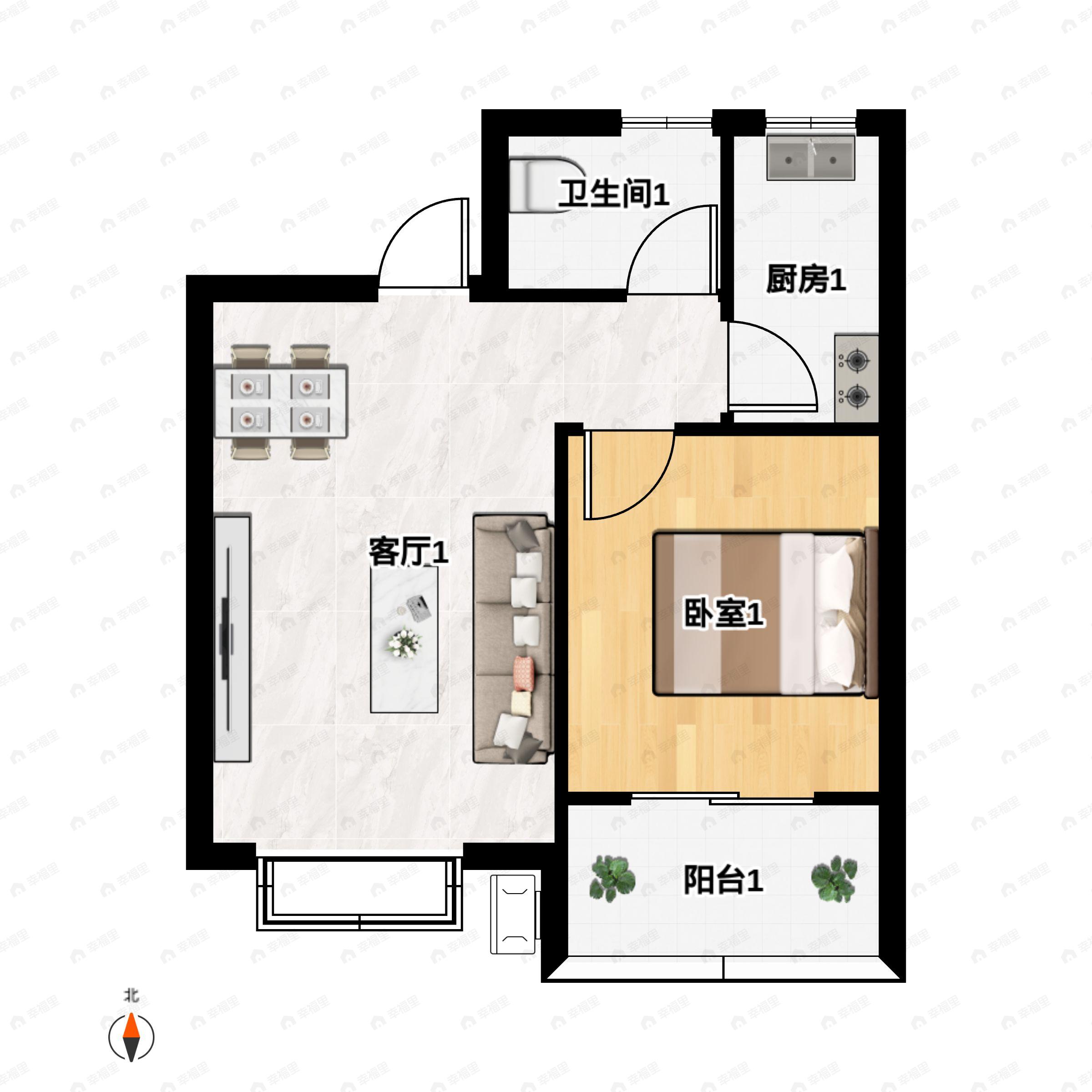 1室1厅1卫建面63平户型图