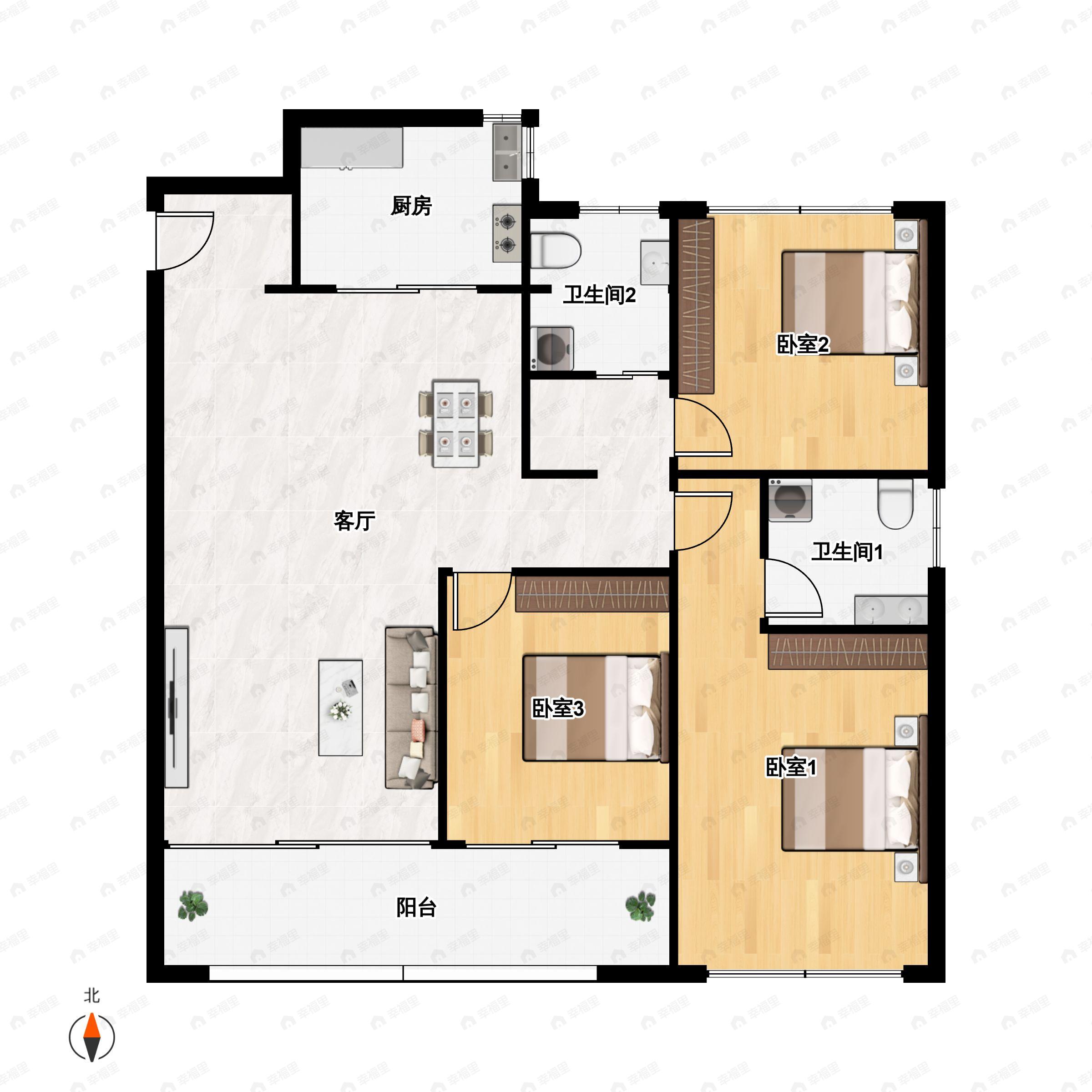 3室2厅2卫建面110平南户型图