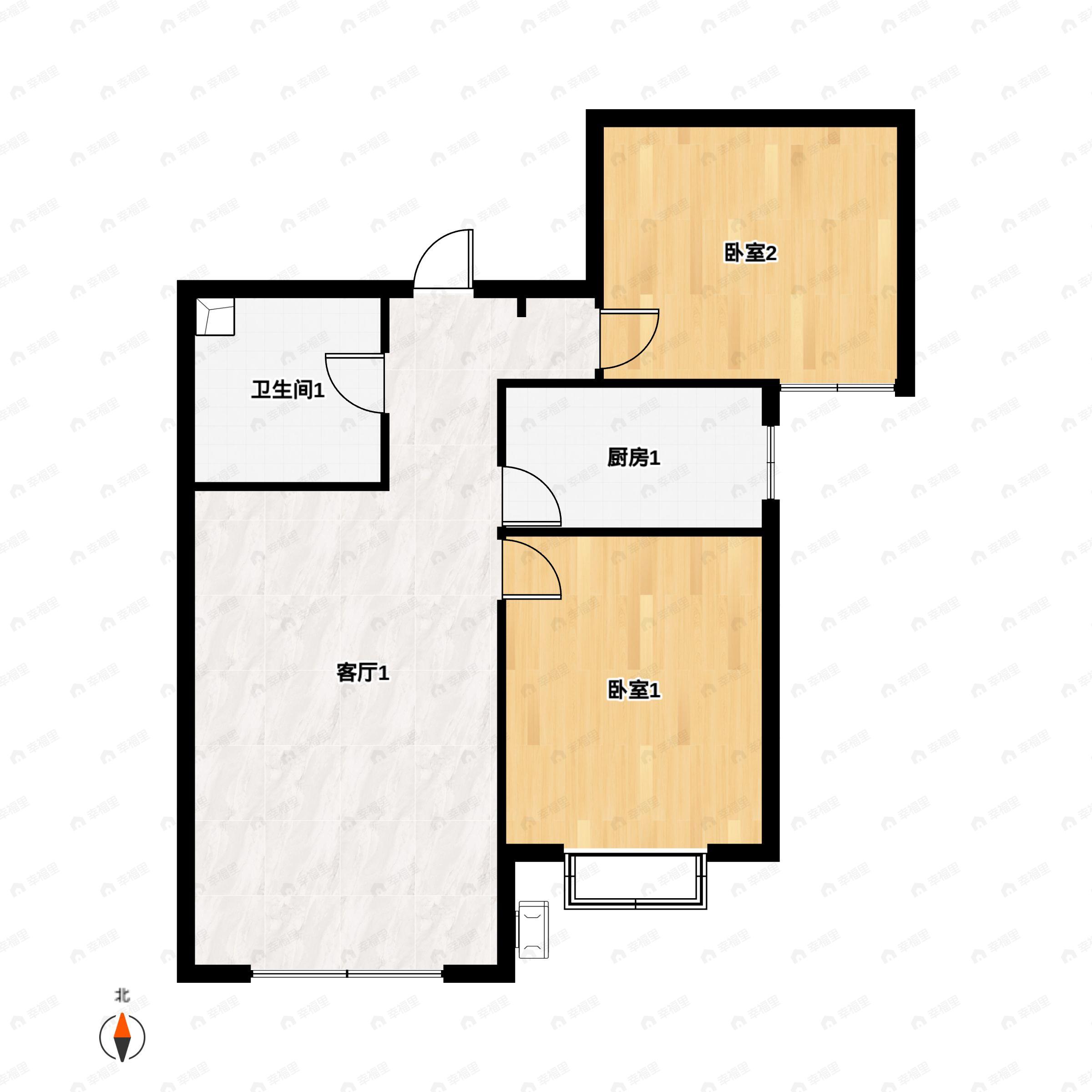 2室2厅1卫建面88m²南户型图
