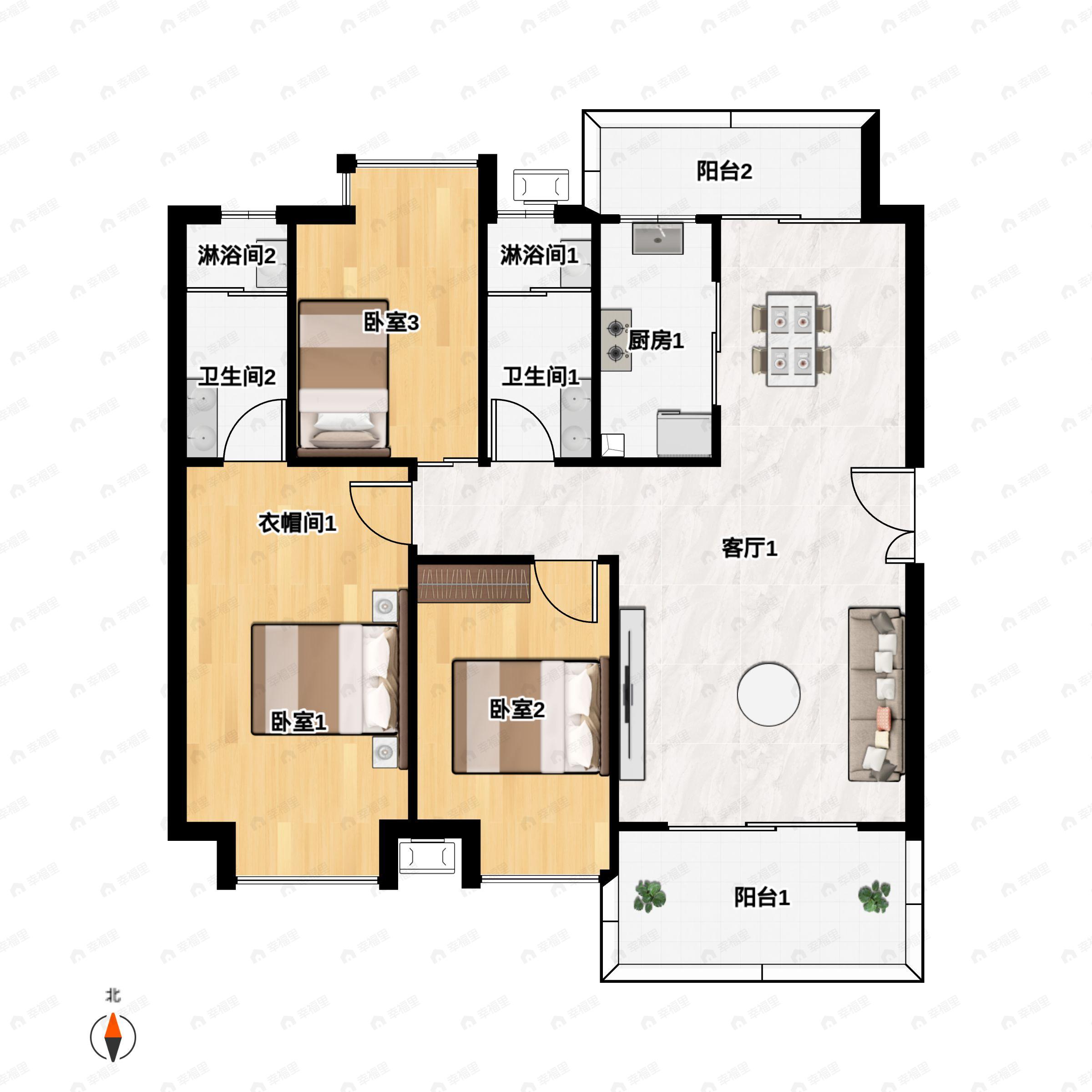 3室2厅2卫建面97平户型图