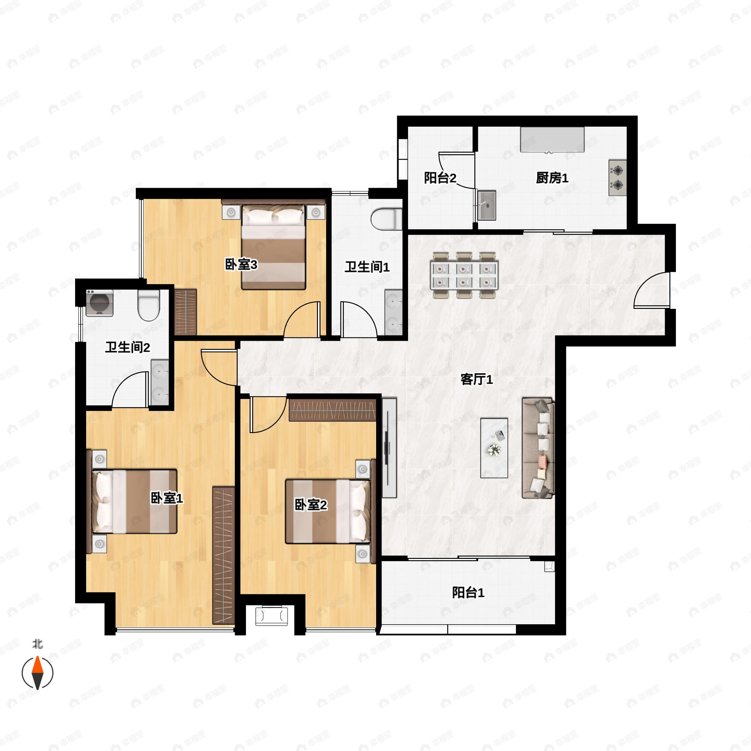 3室2厅2卫建面134m²南户型图