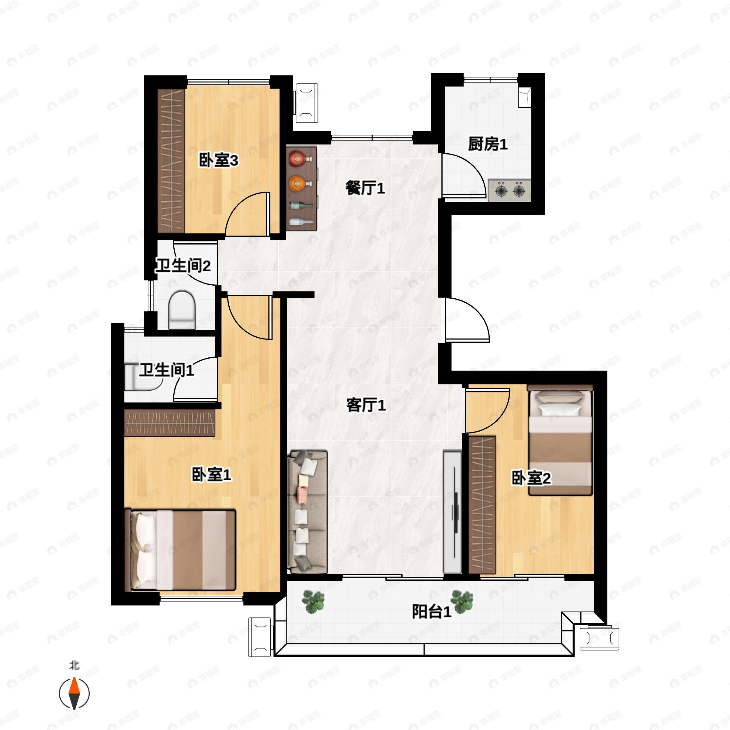 3室2厅2卫建面108平户型图