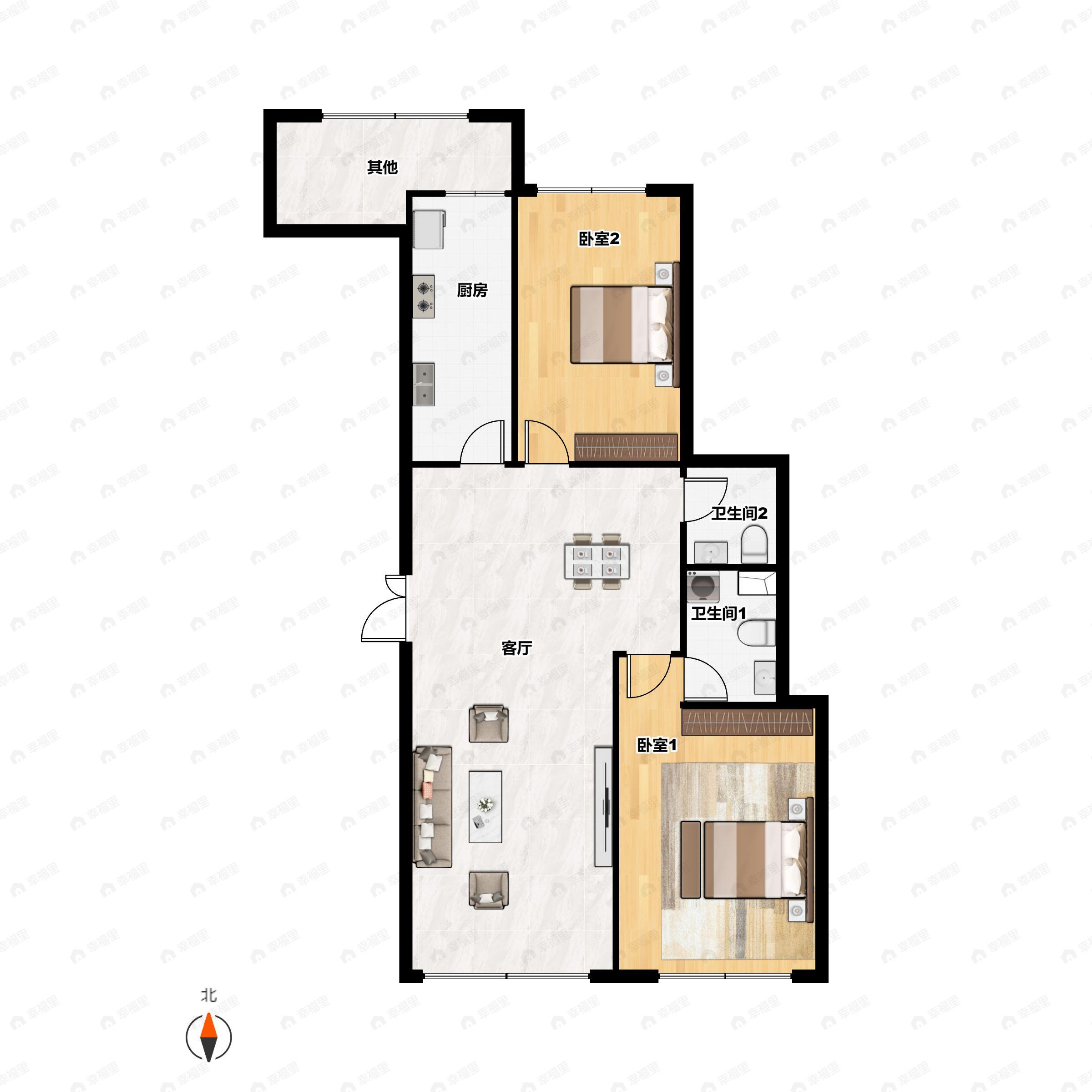 2室1厅2卫建面117平户型图