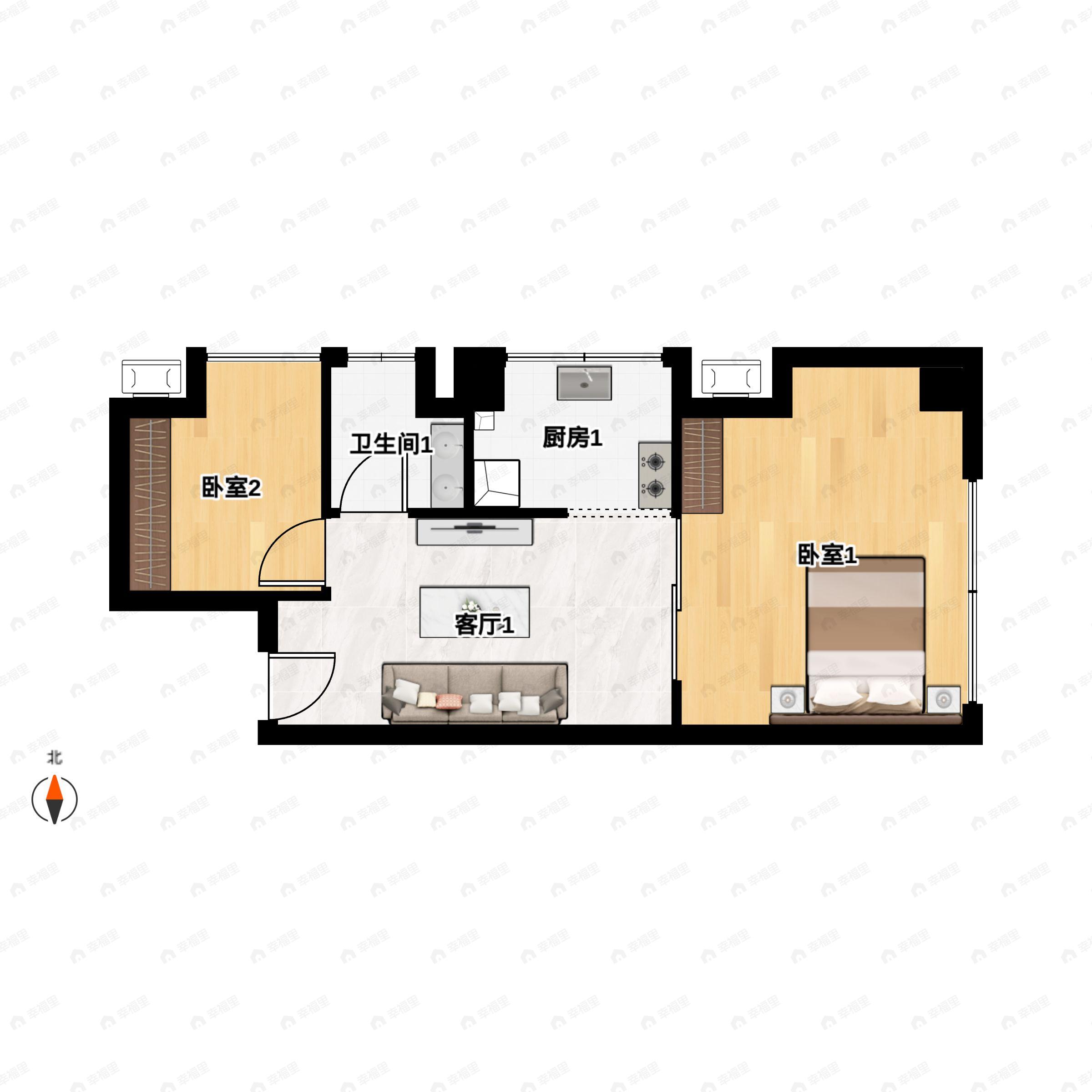 2室1厅1卫建面77平西|北户型图