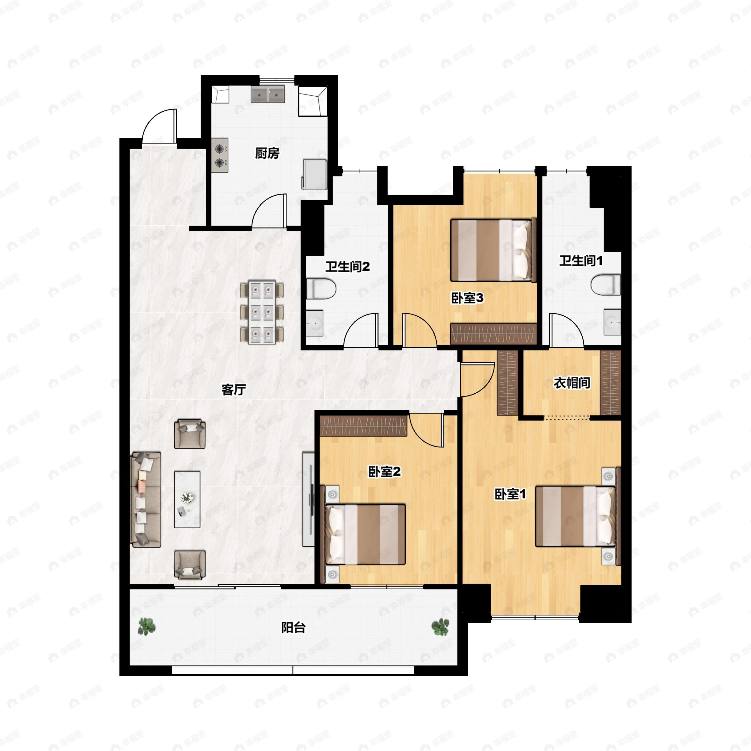 3室2厅2卫建面118平北|南户型图