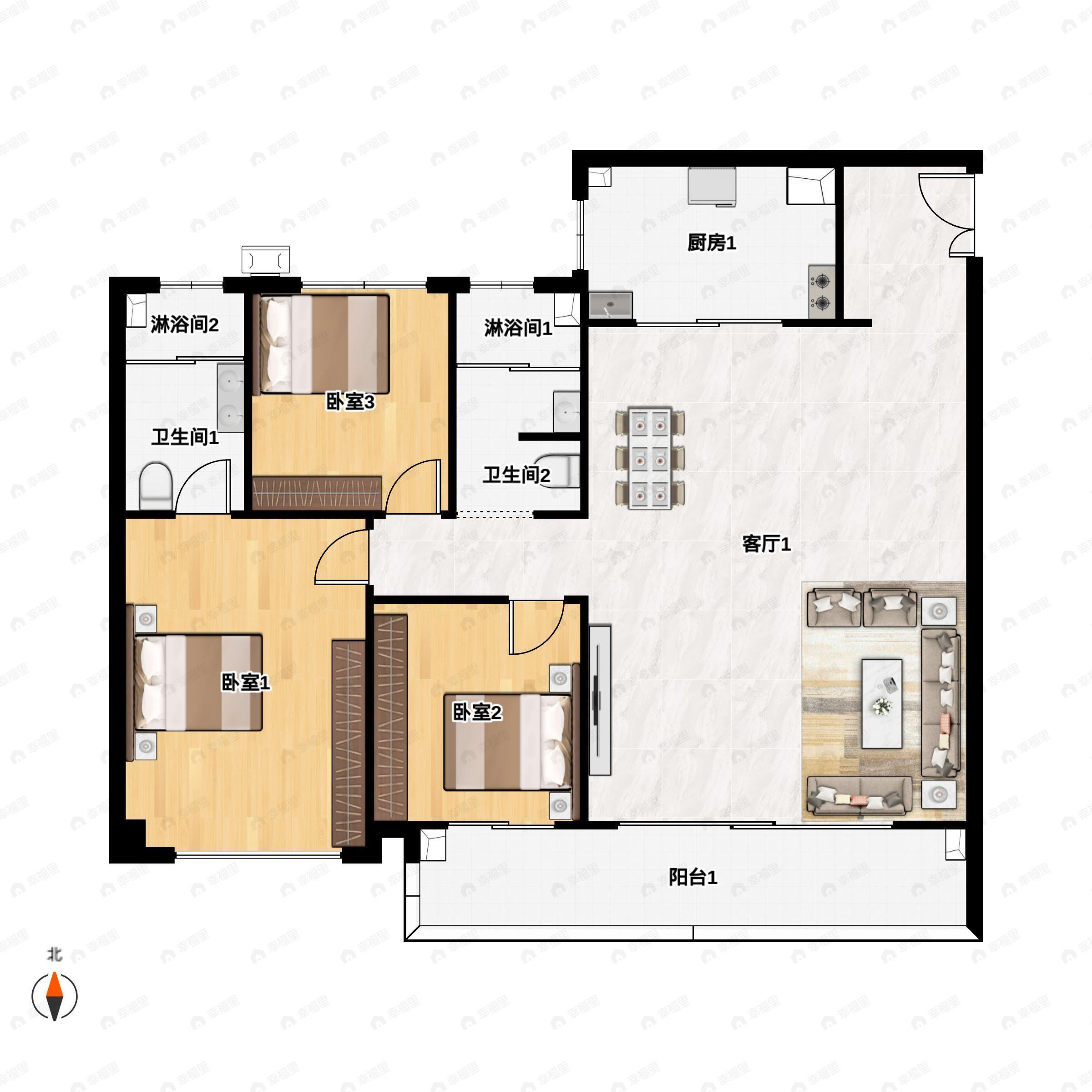 3室2厅2卫建面143平南|北户型图