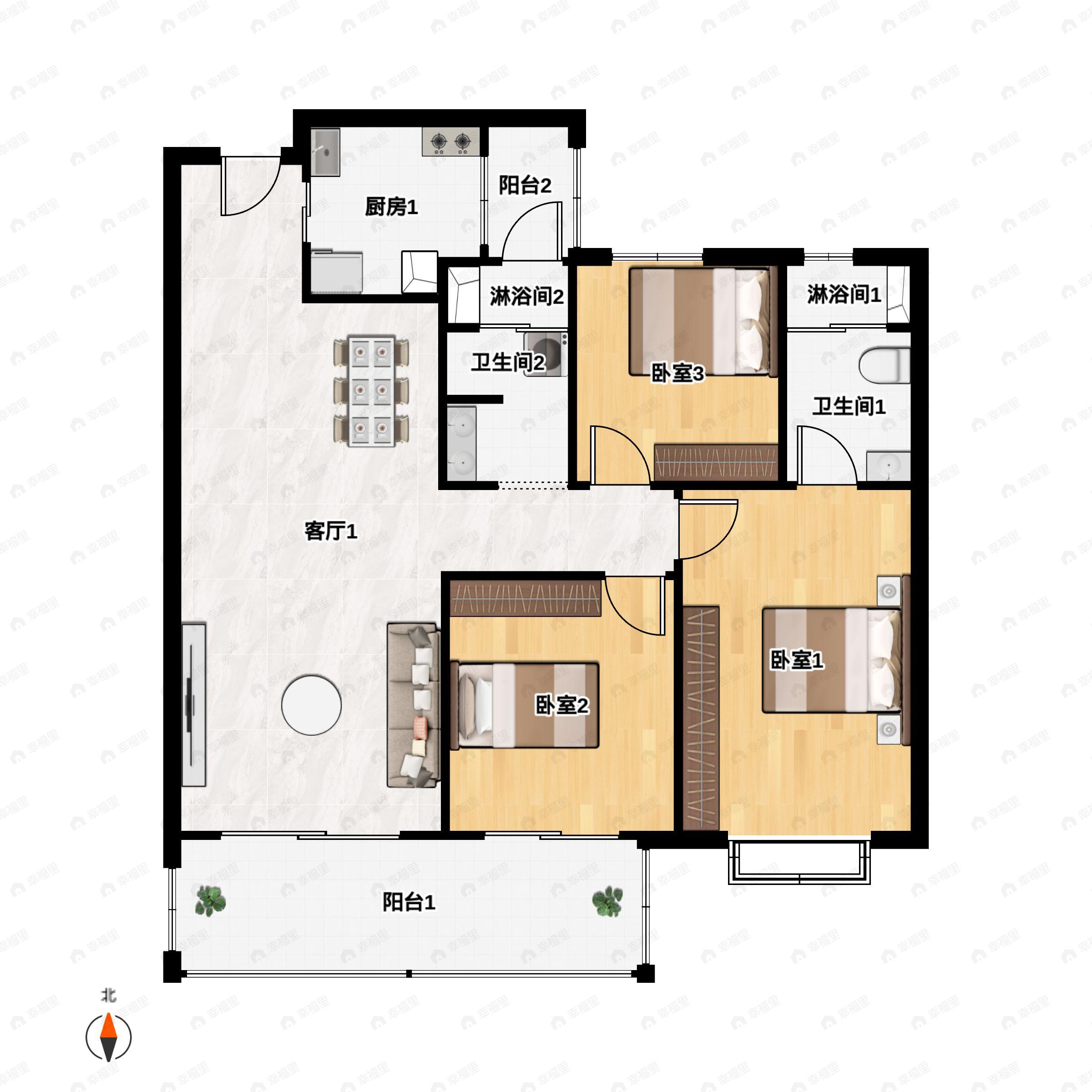 3室2厅2卫建面115m²南户型图