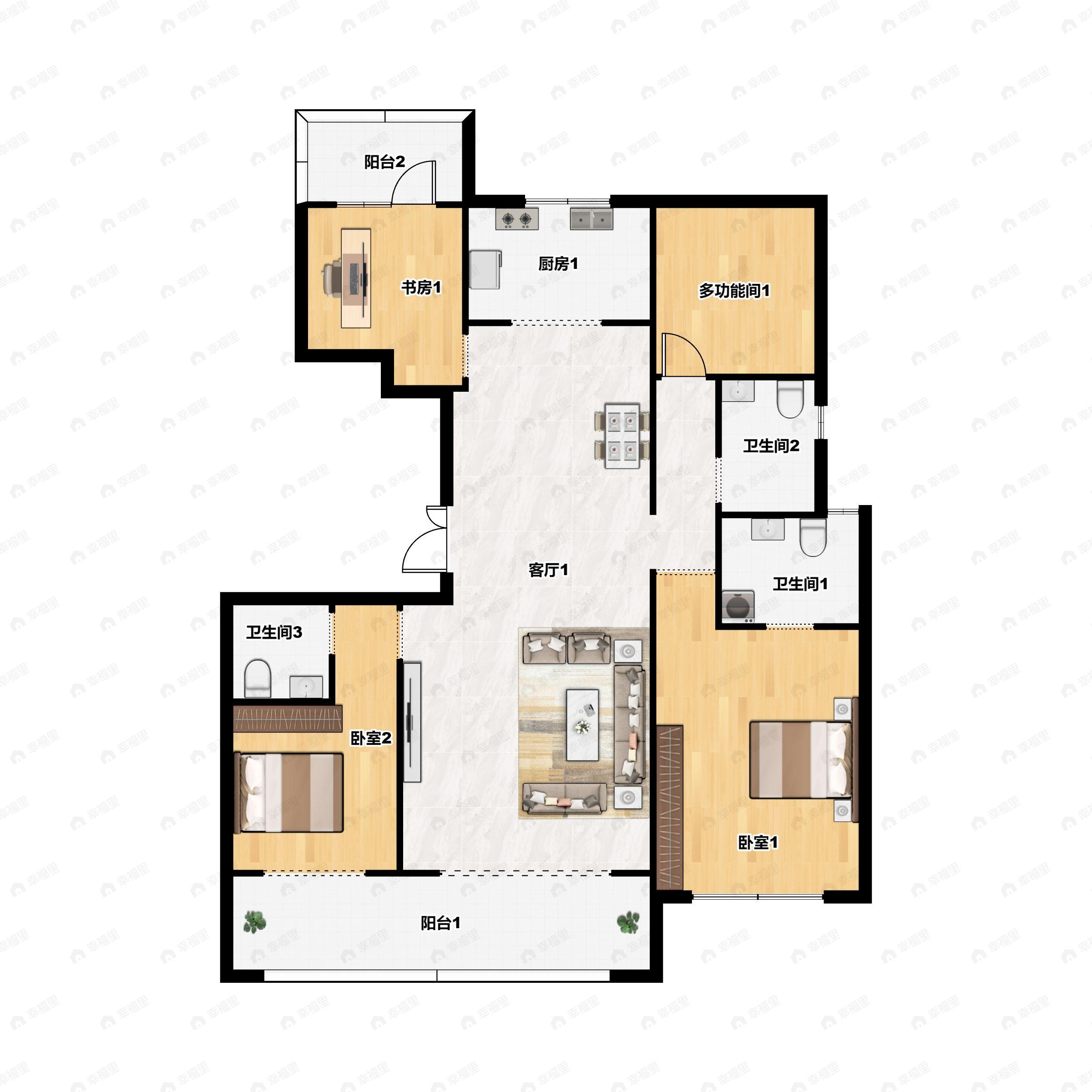 3室2厅2卫建面148m²南户型图