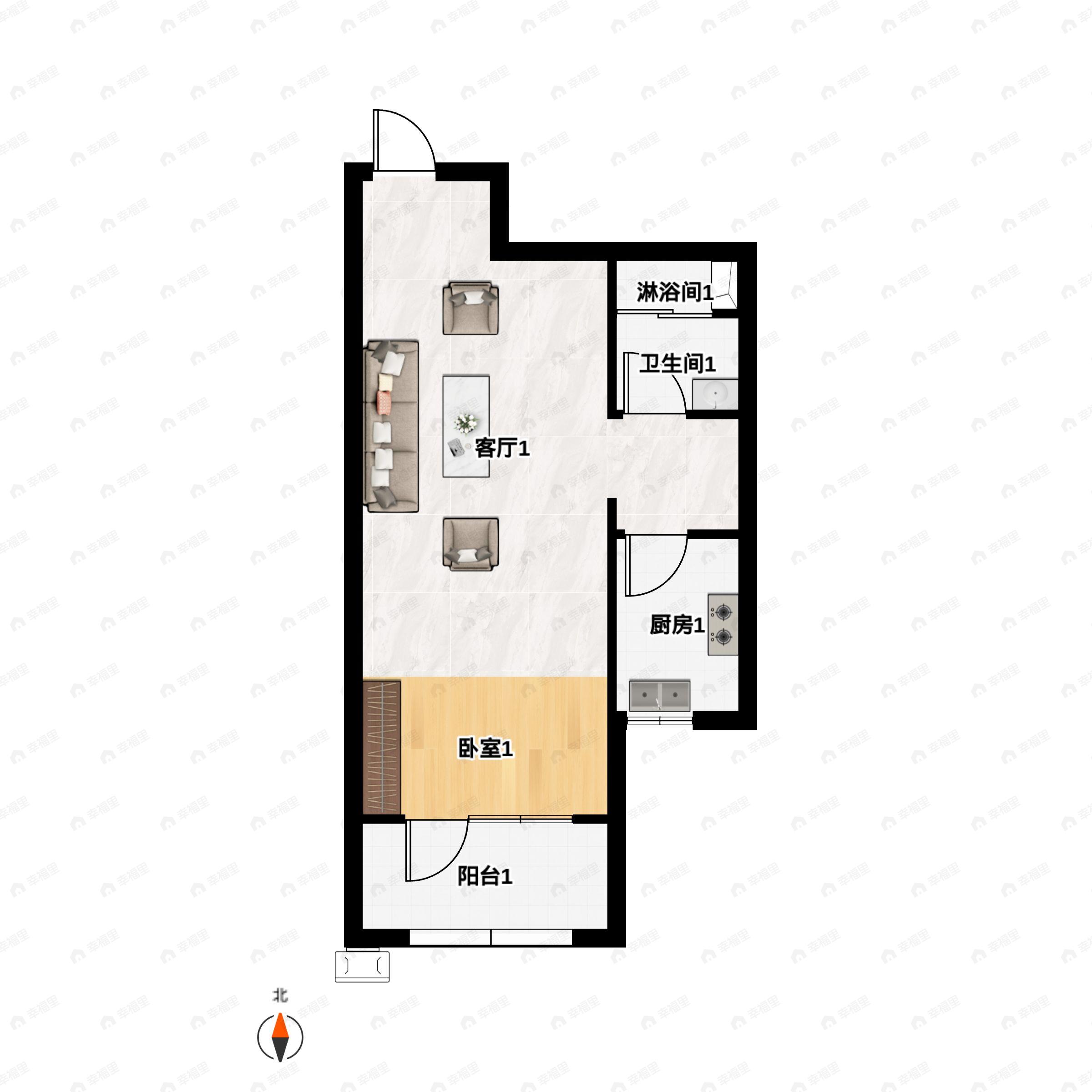 1室2厅1卫建面56平户型图
