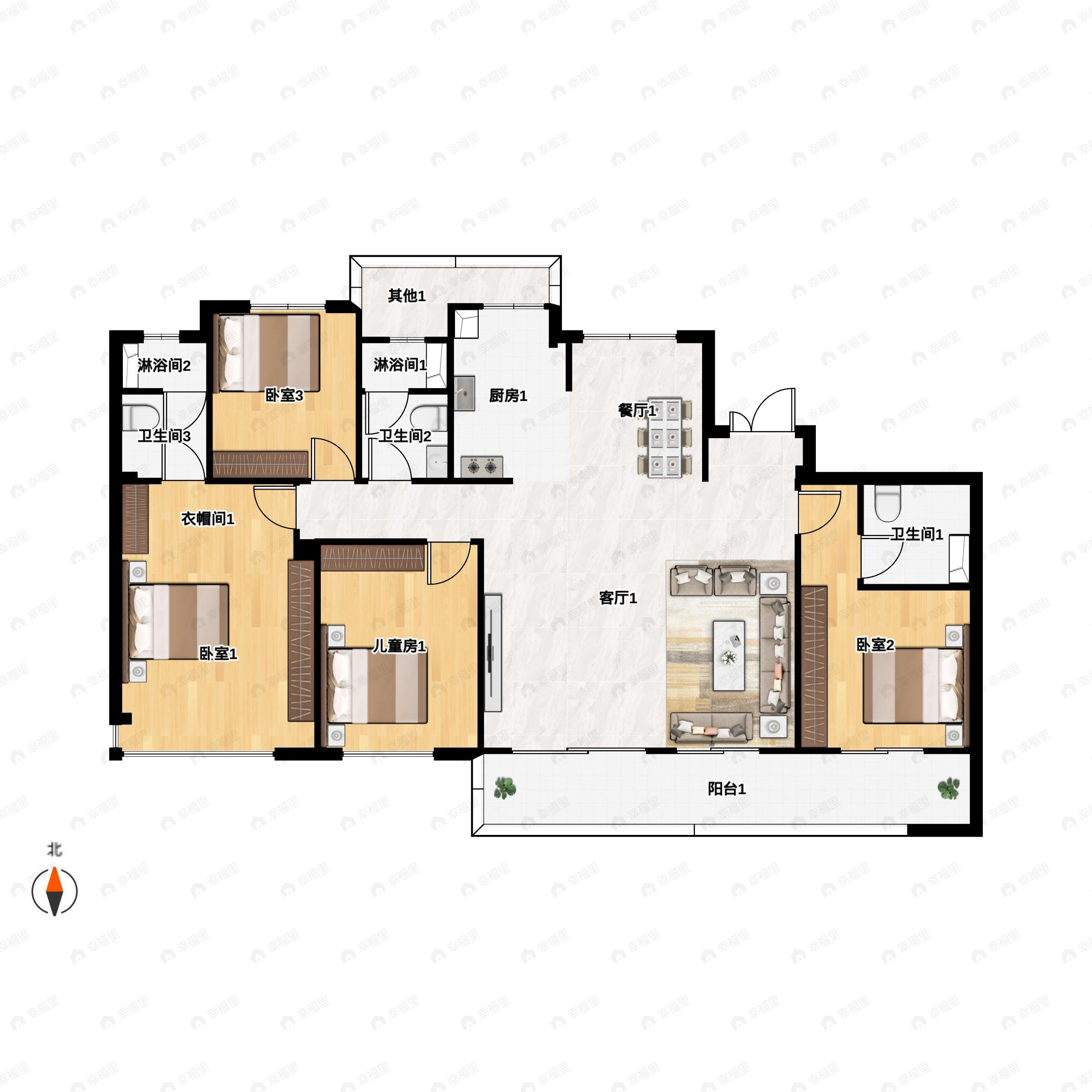 4室2厅3卫建面210m²南|北户型图