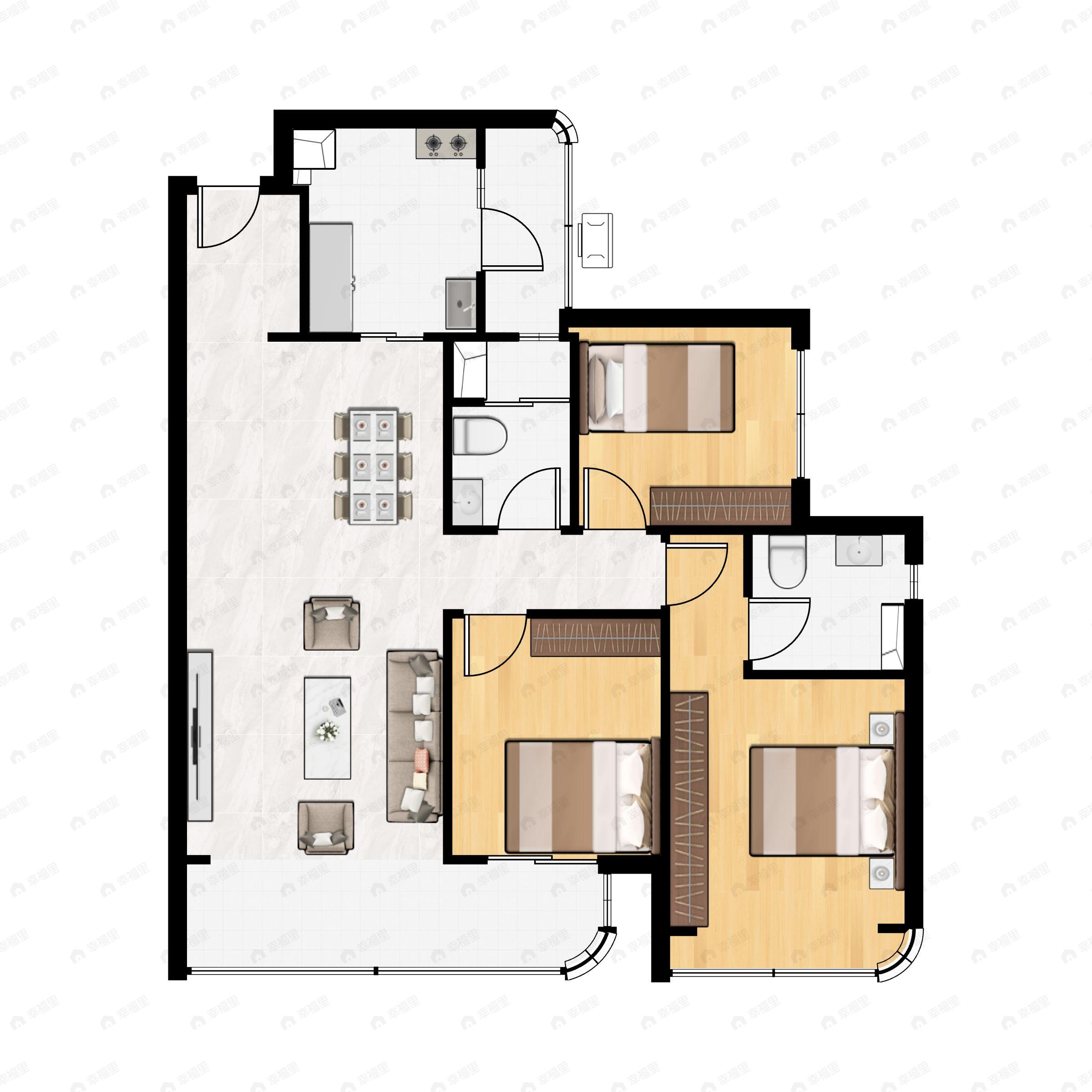3室2厅2卫建面123m²南户型图