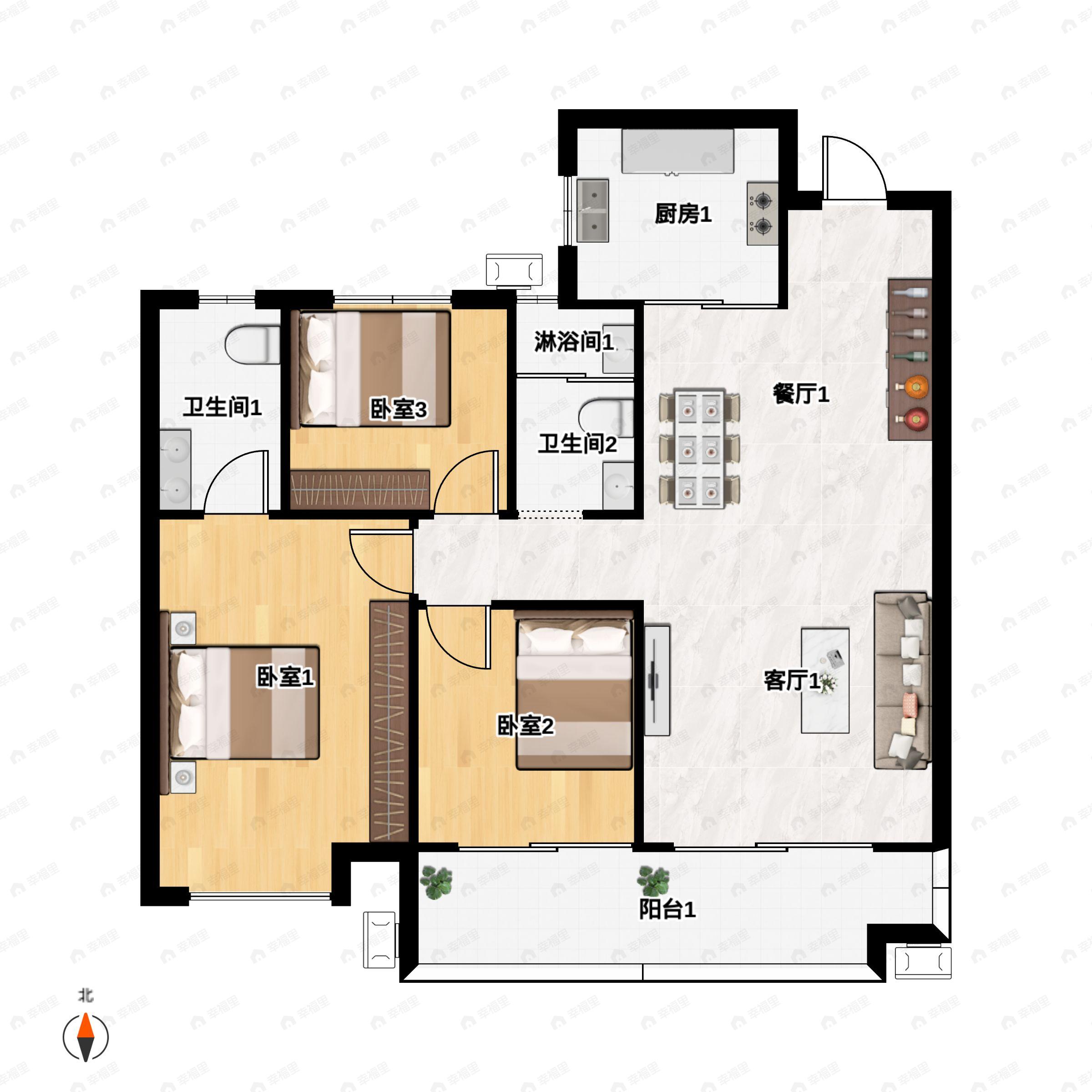 3室2厅2卫建面115m²南户型图