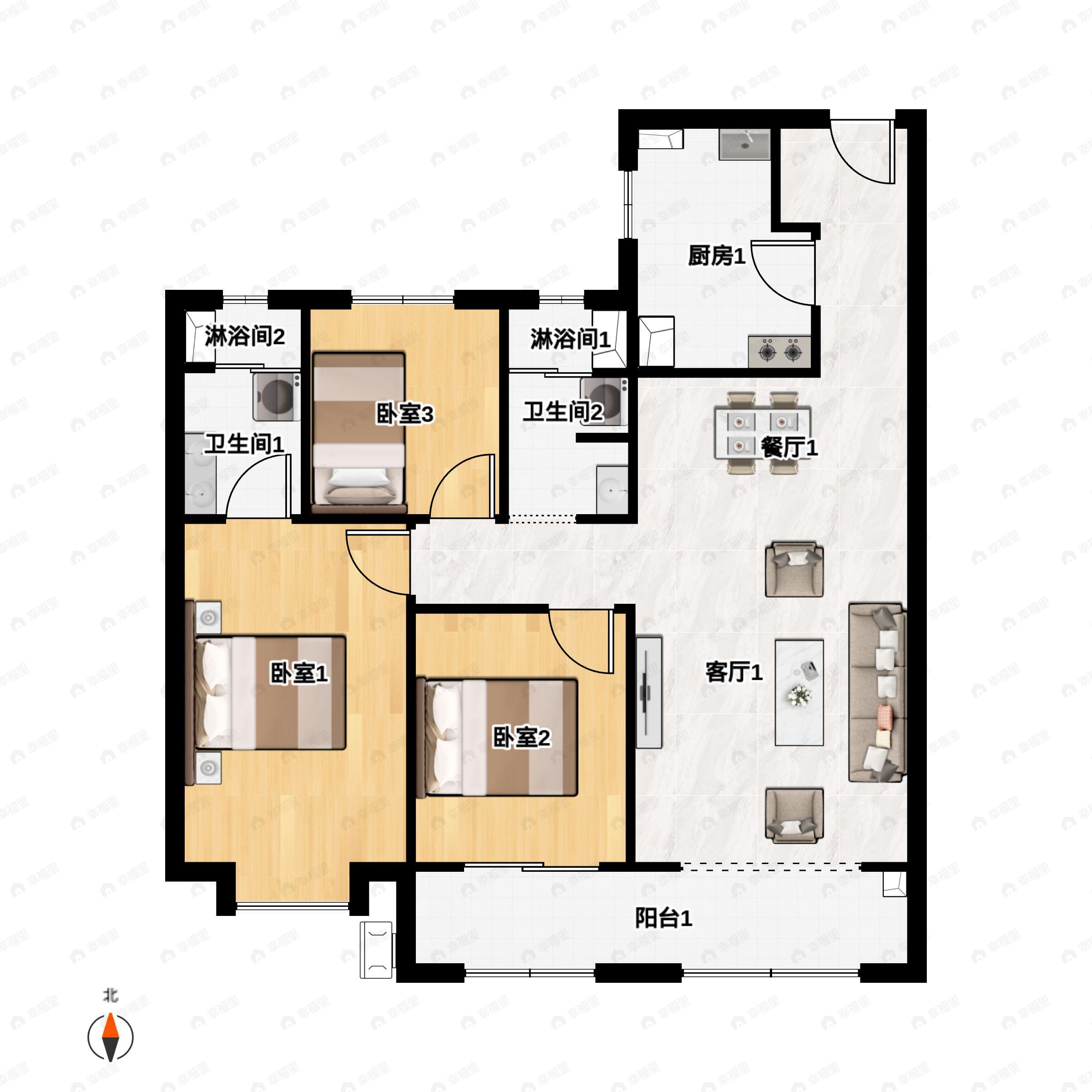 3室2厅2卫建面121平户型图
