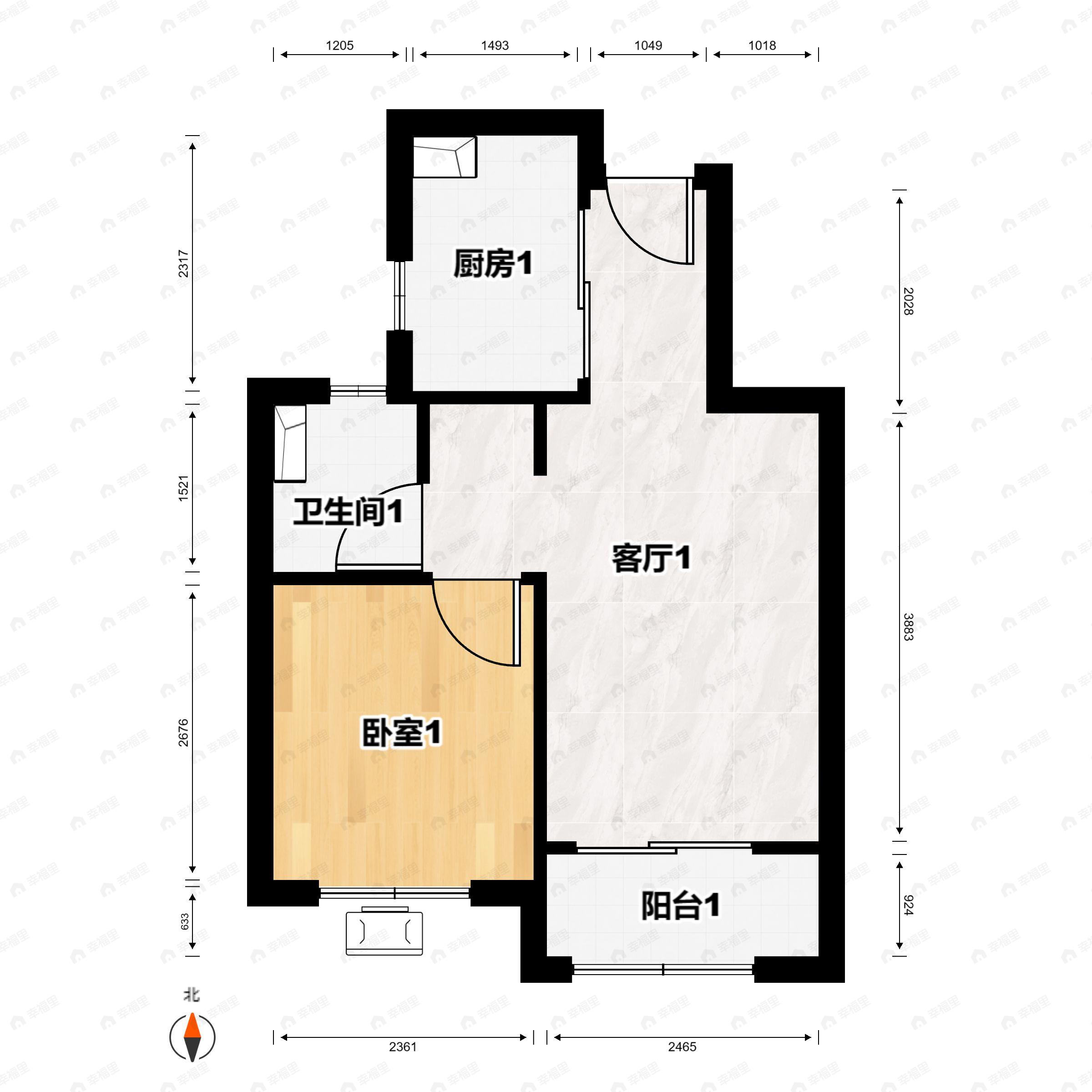 1室1厅1卫建面54平户型图