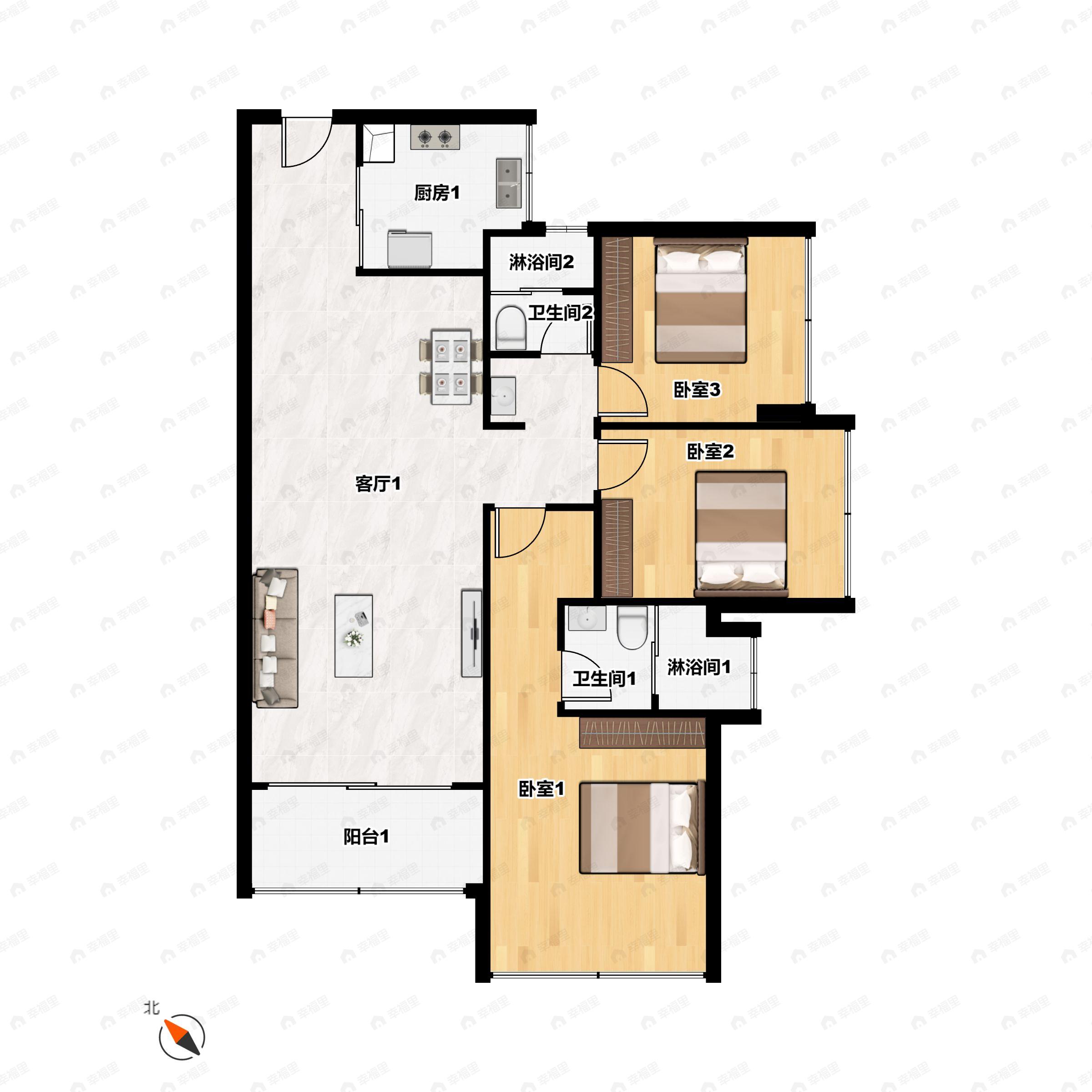 3室2厅2卫建面98平西南户型图