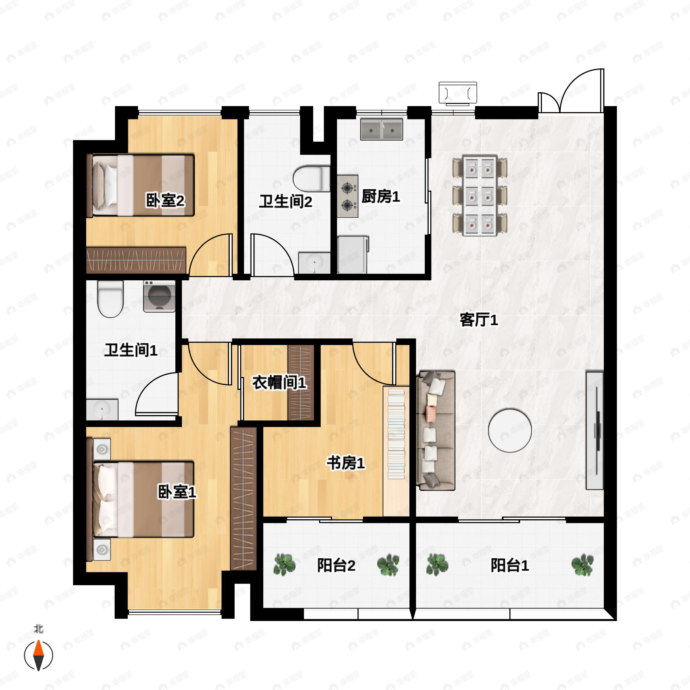 3室2厅2卫建面114平户型图