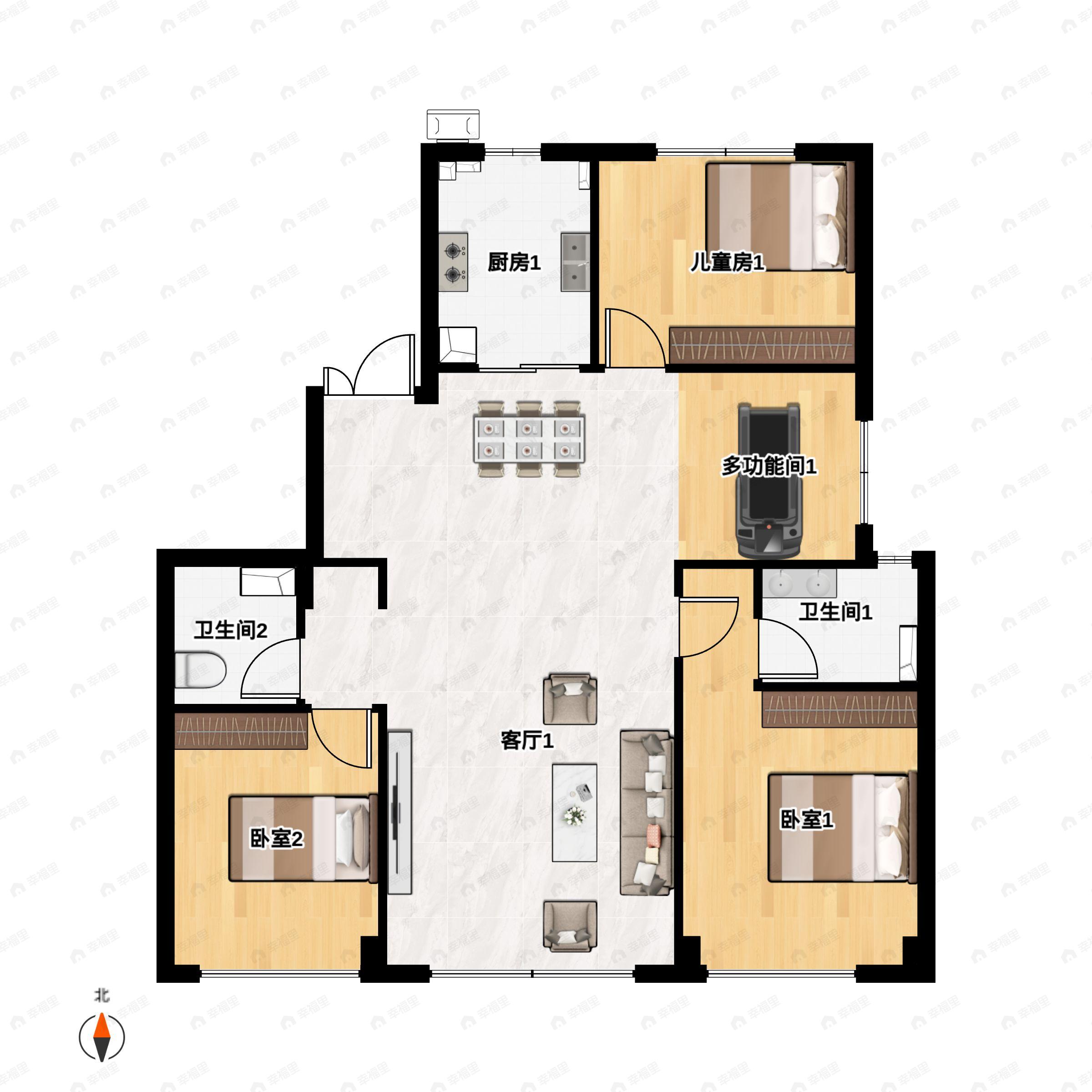 3室2厅2卫建面140m²南户型图