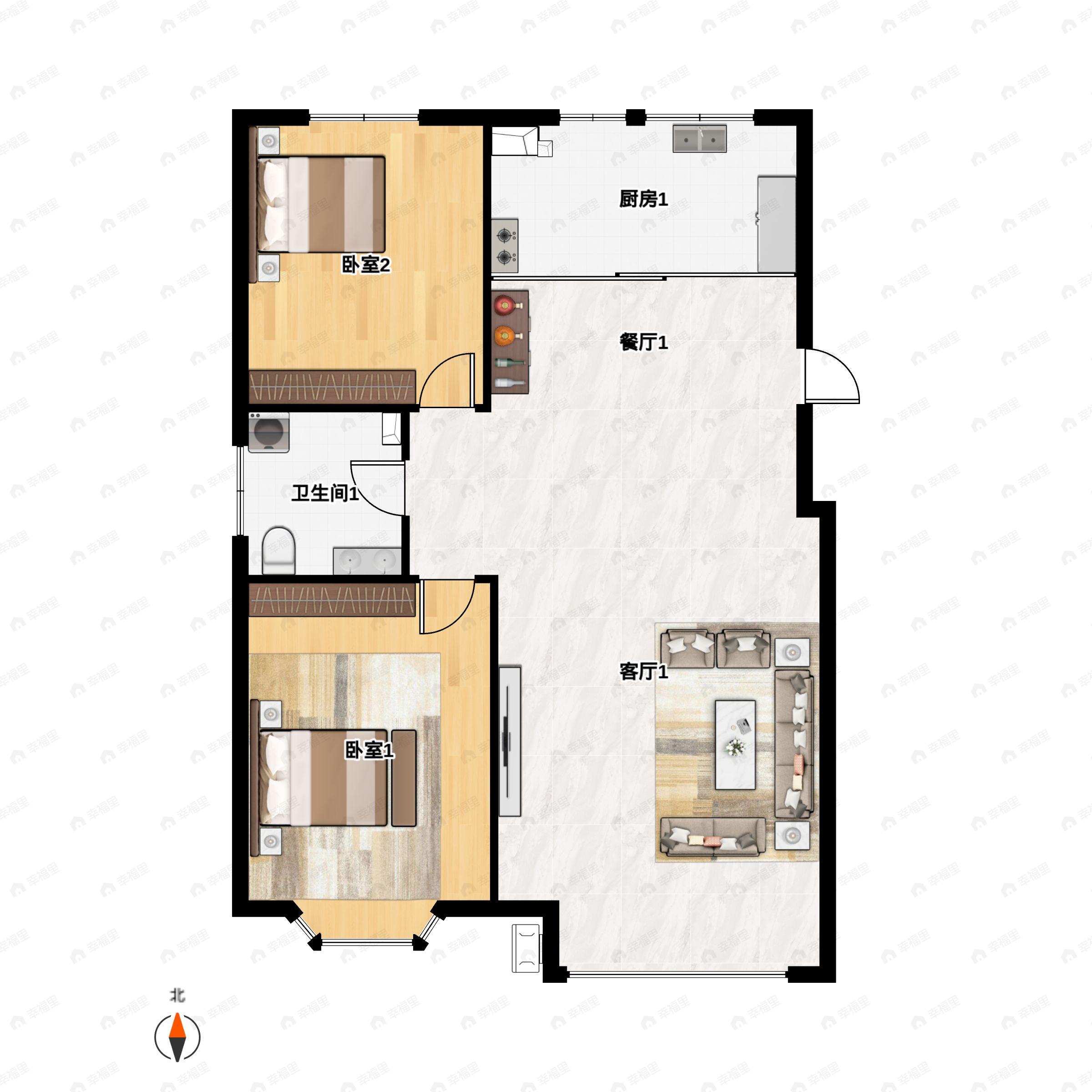 2室2厅1卫建面114平南|北户型图