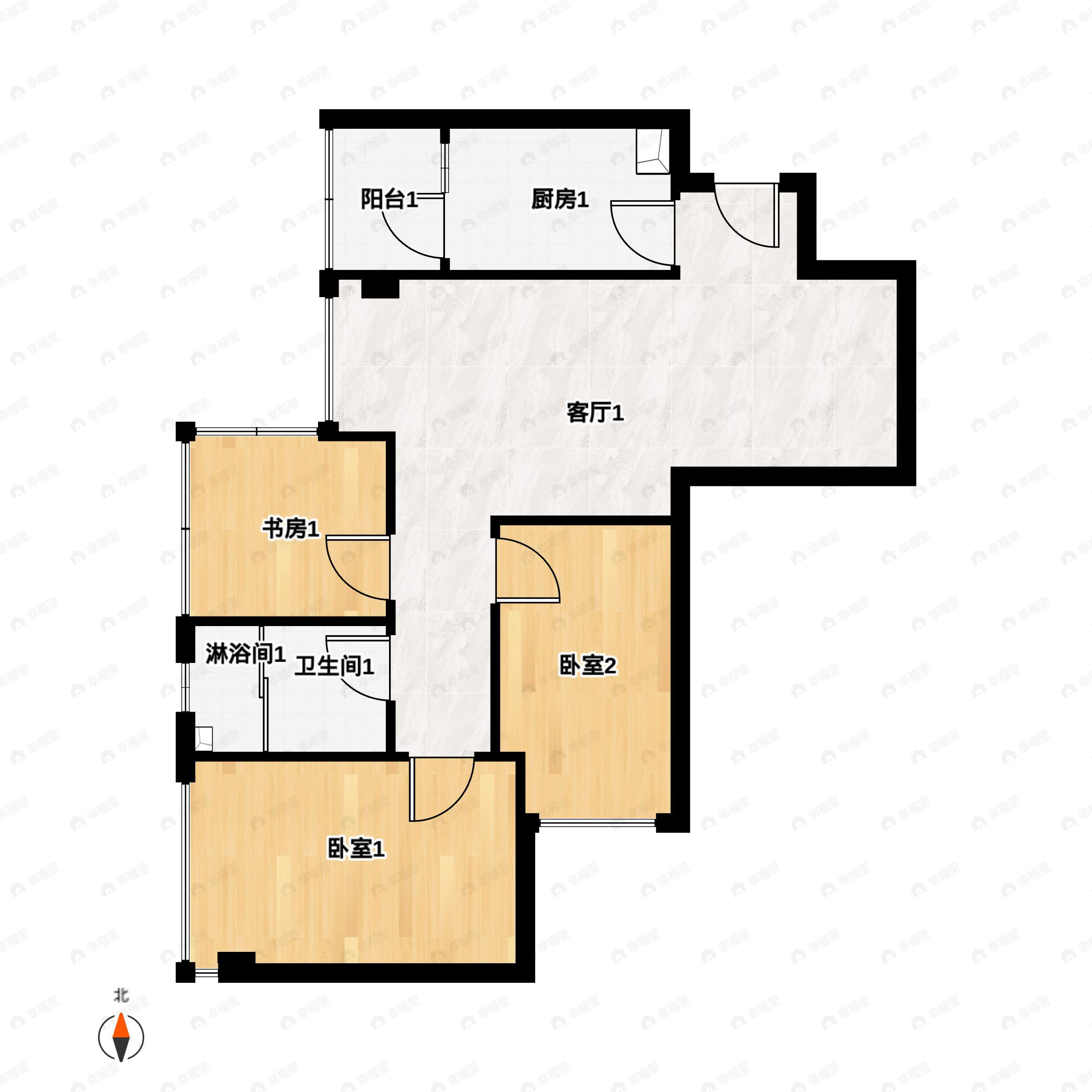 2室2厅1卫建面60平西南户型图