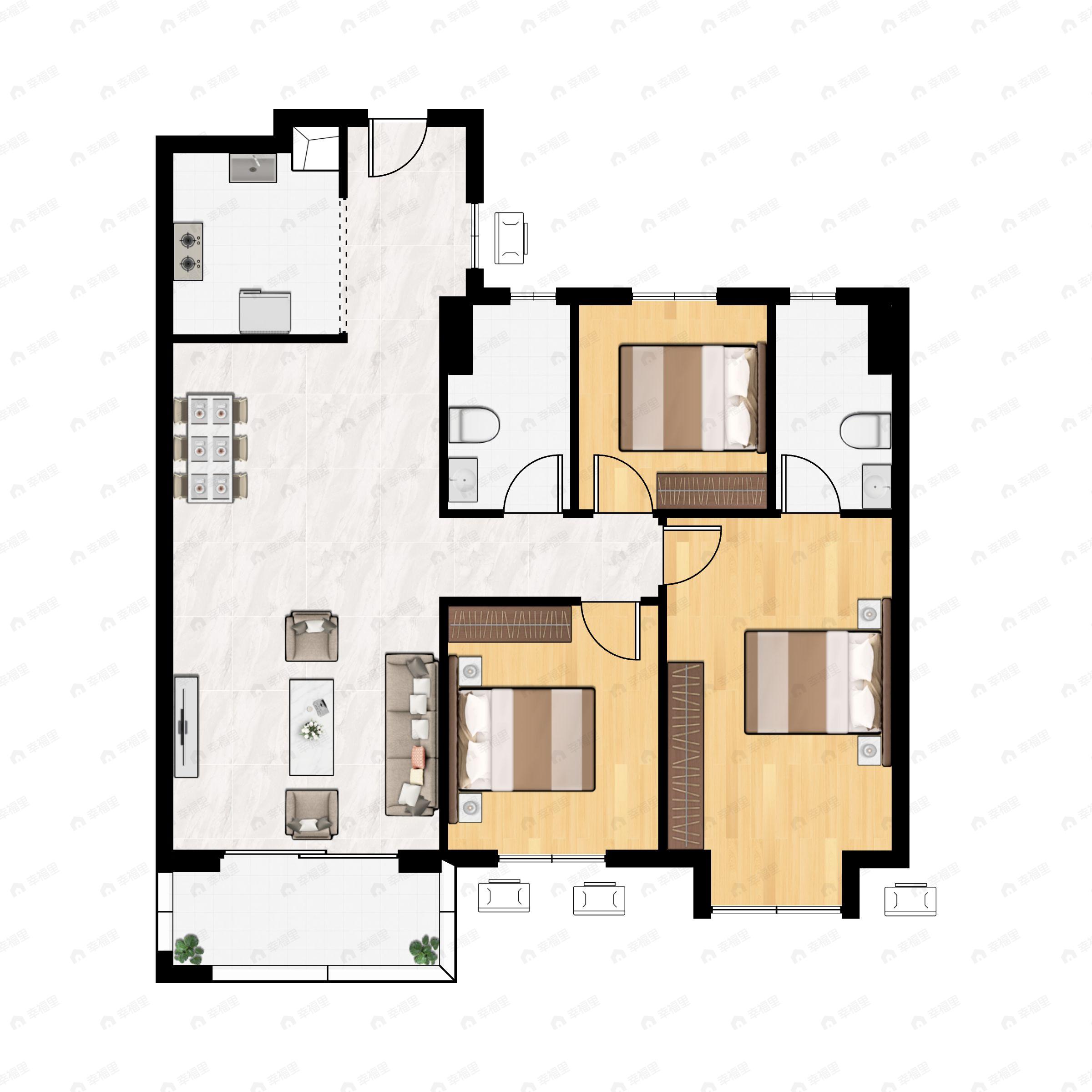 3室2厅2卫建面118平户型图