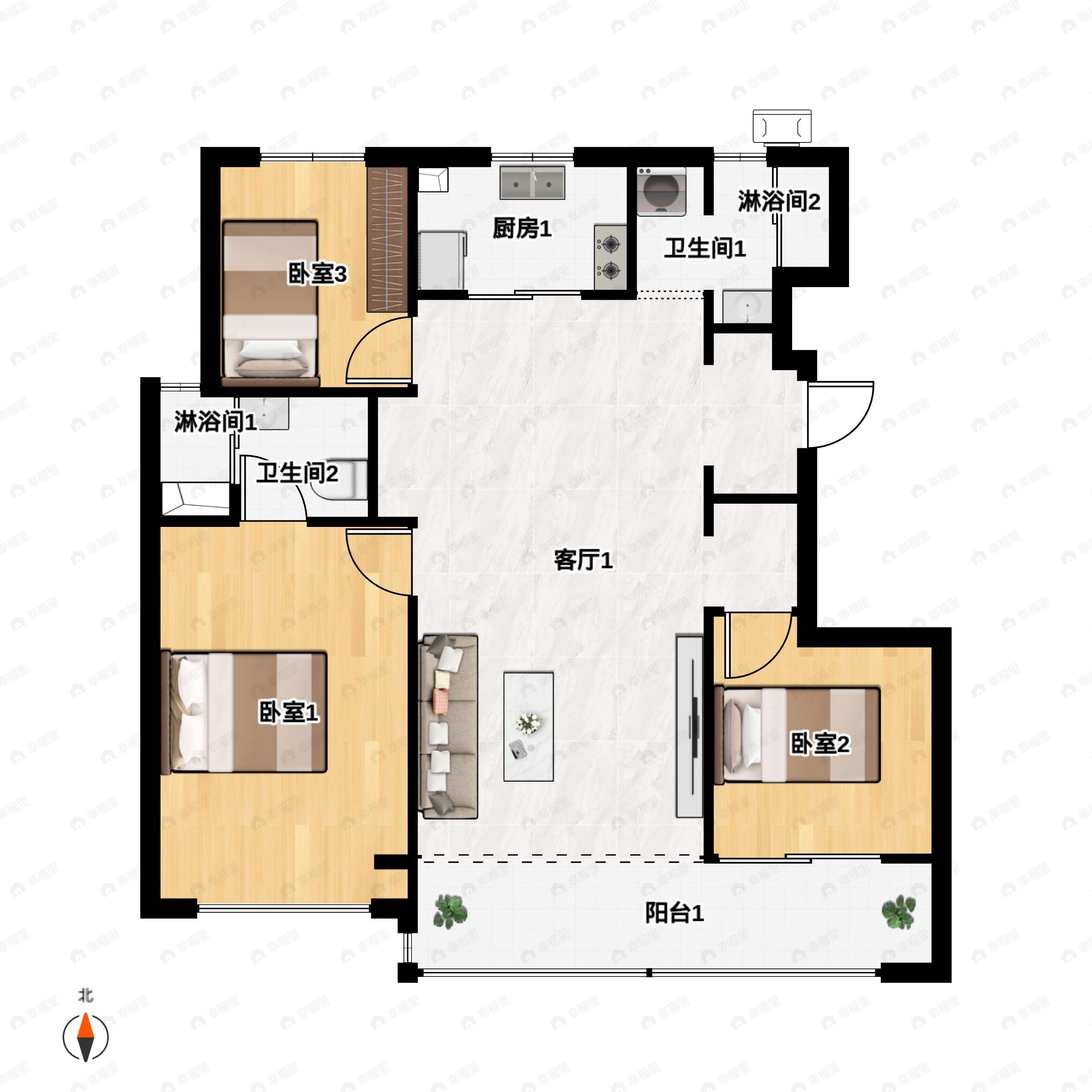 3室2厅2卫建面125平户型图