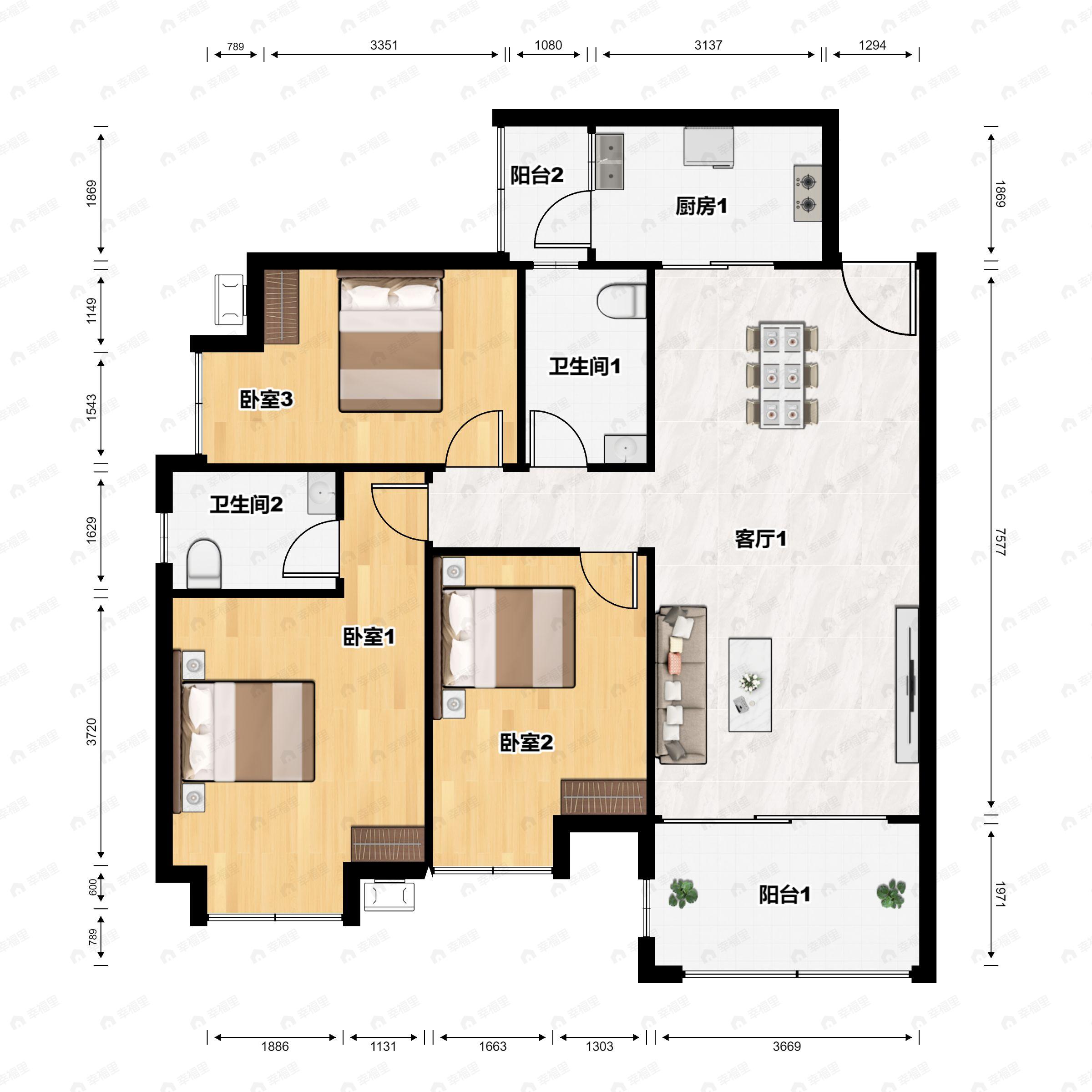 3室2厅2卫建面115平户型图