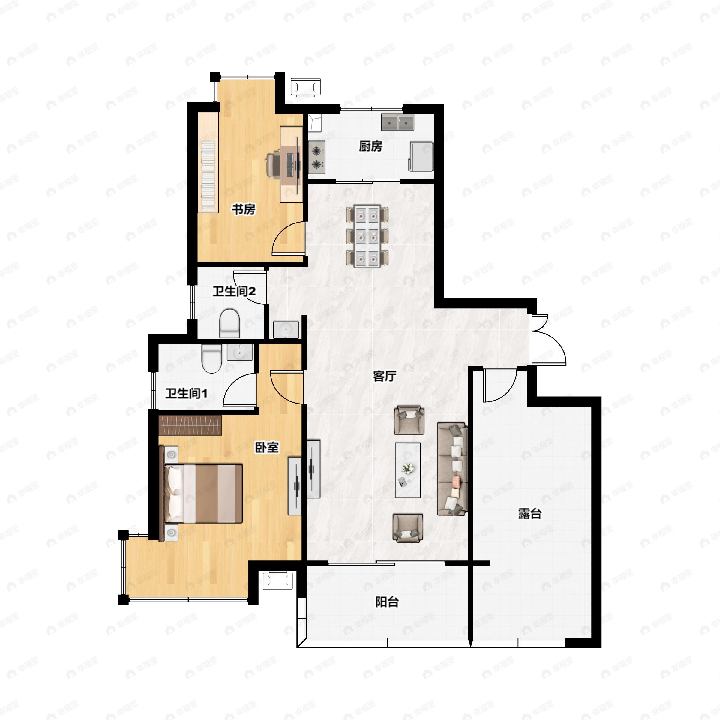 2室2厅2卫建面107m²南户型图