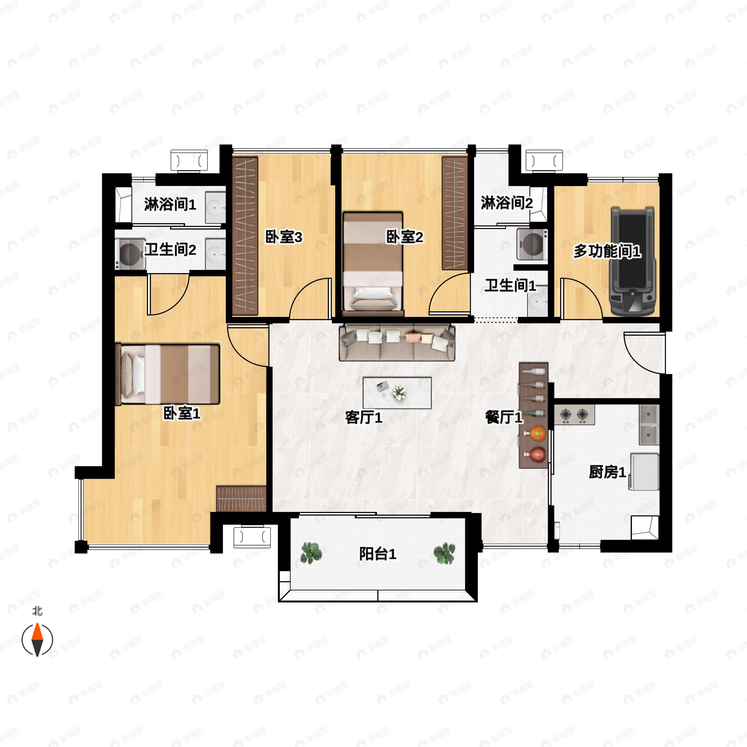 3室2厅2卫建面103平户型图