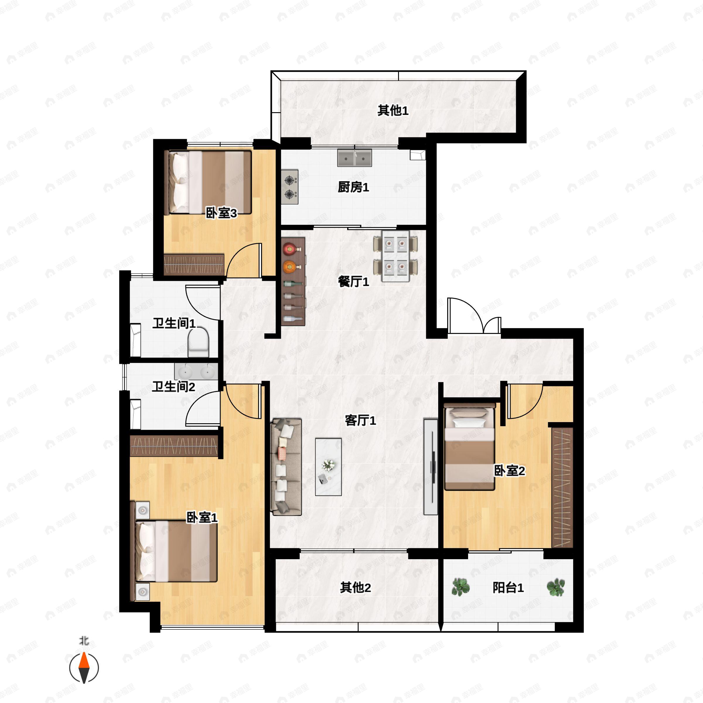 3室2厅2卫建面130m²北|南户型图