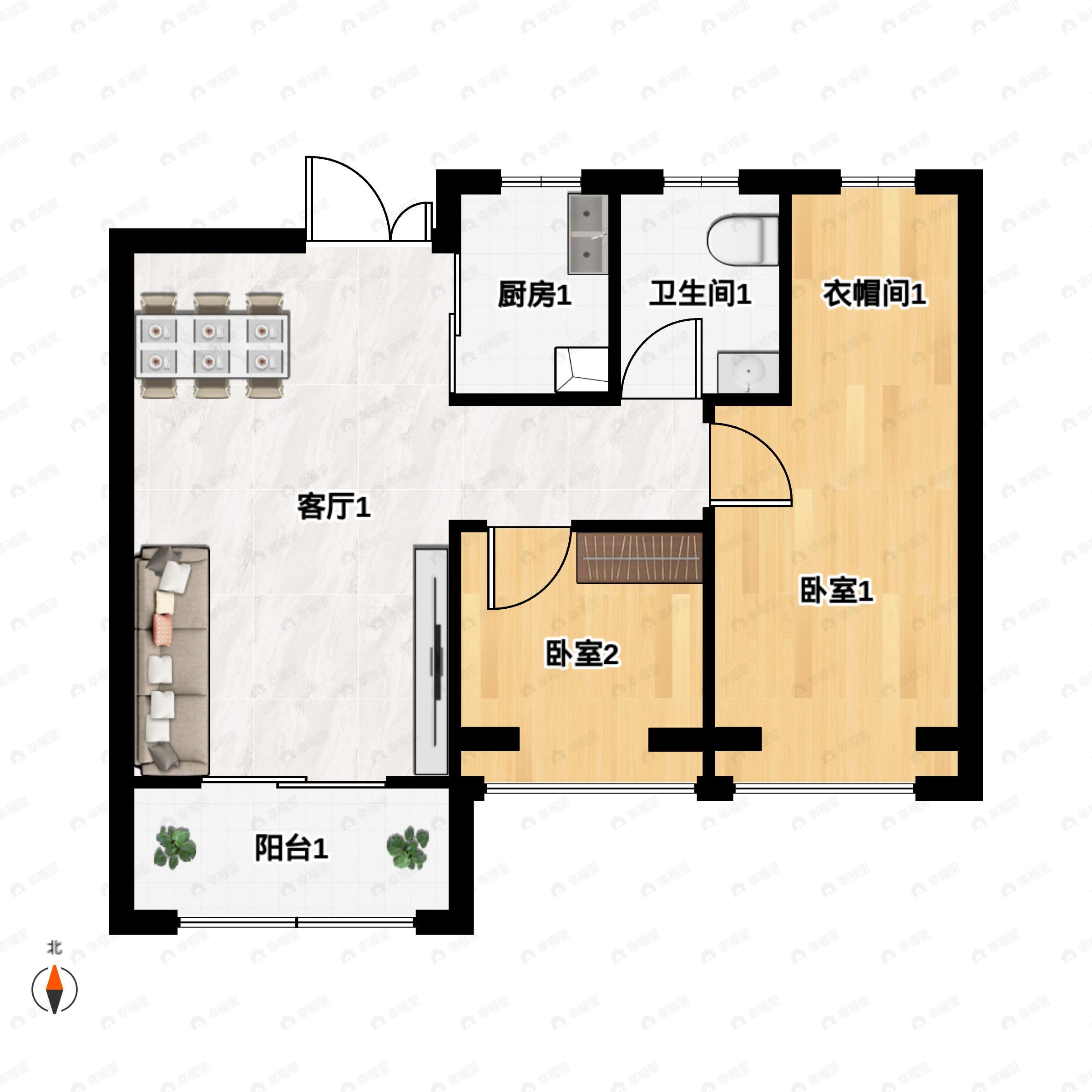 2室2厅1卫建面90平户型图