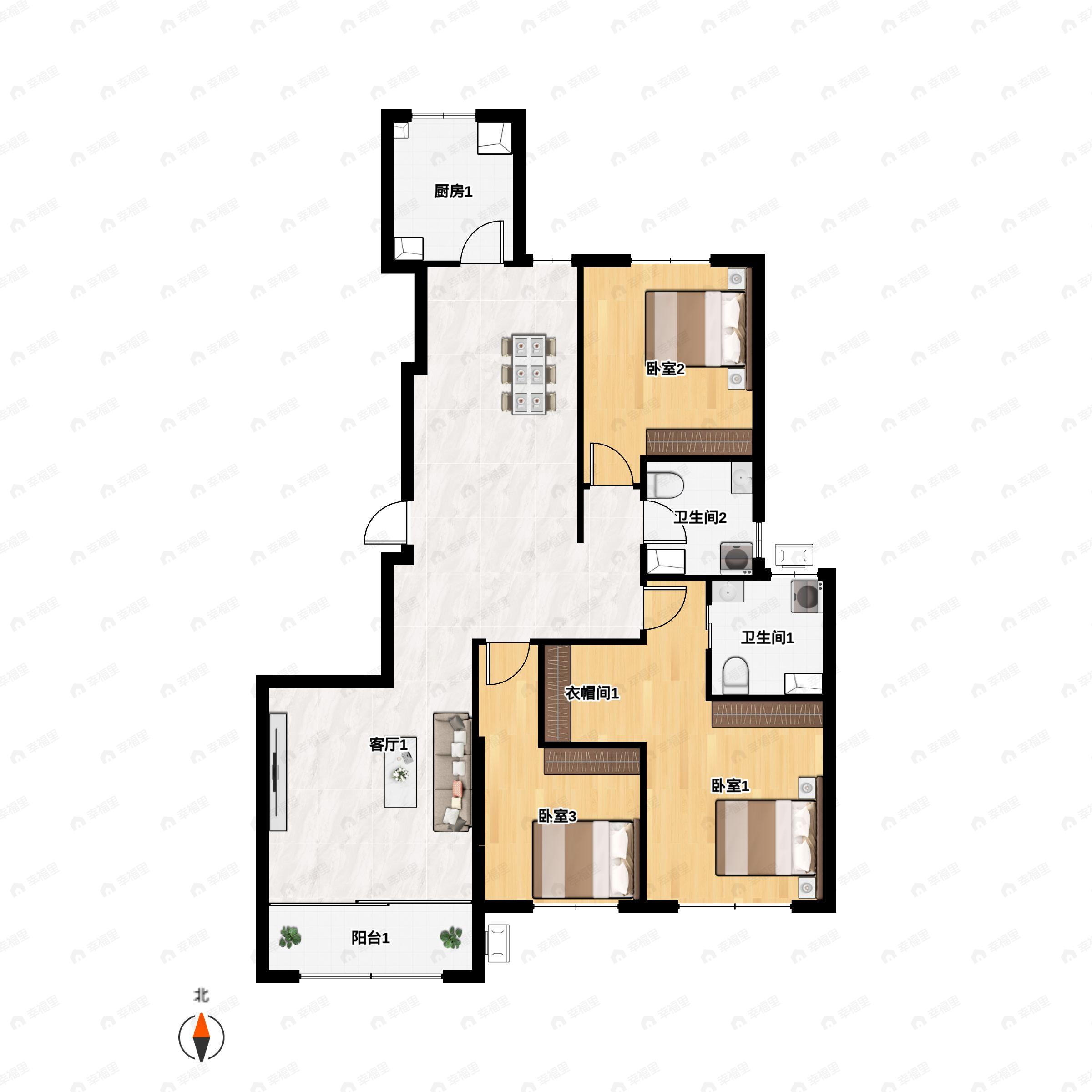 3室2厅2卫建面136平南户型图