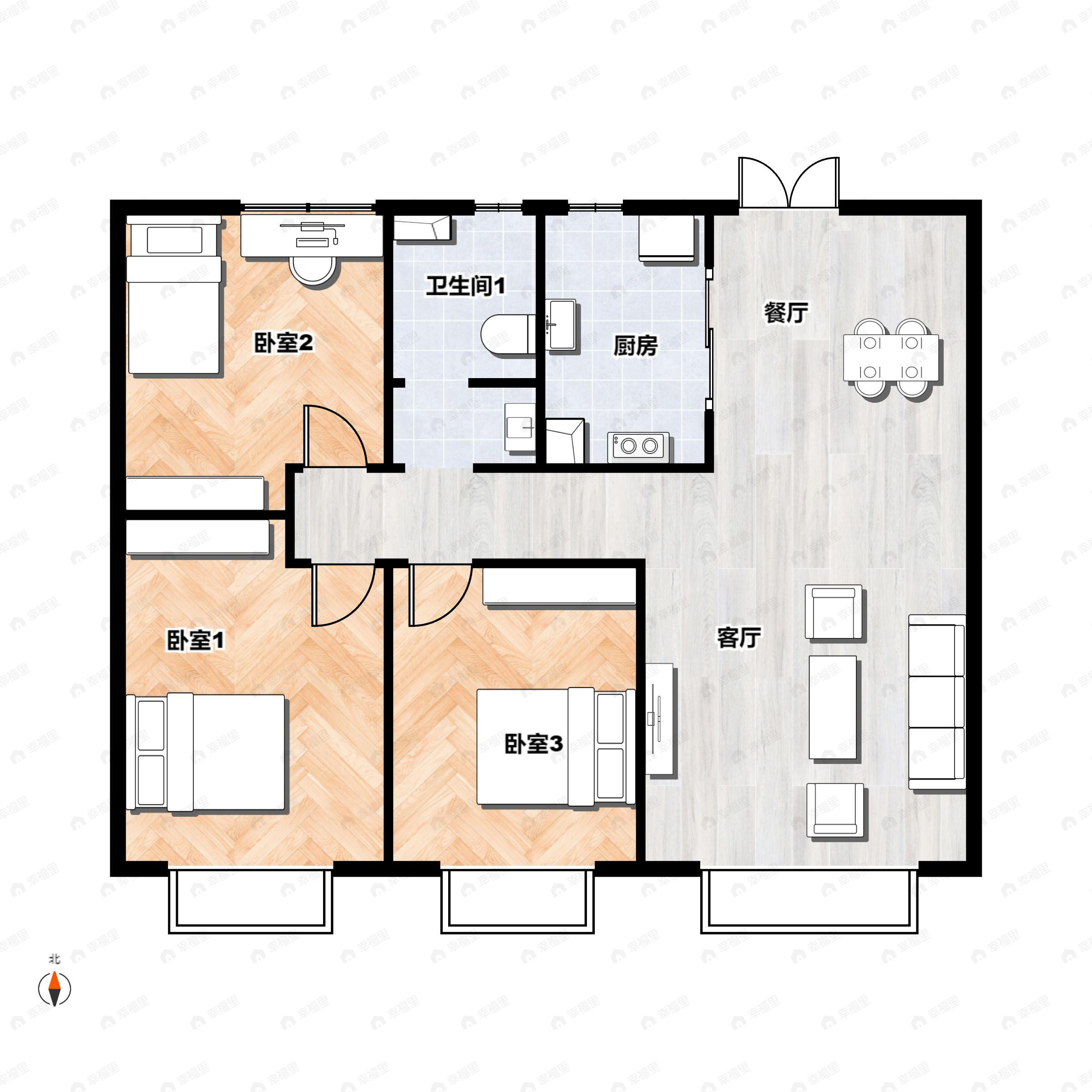3室2厅1卫建面105平户型图