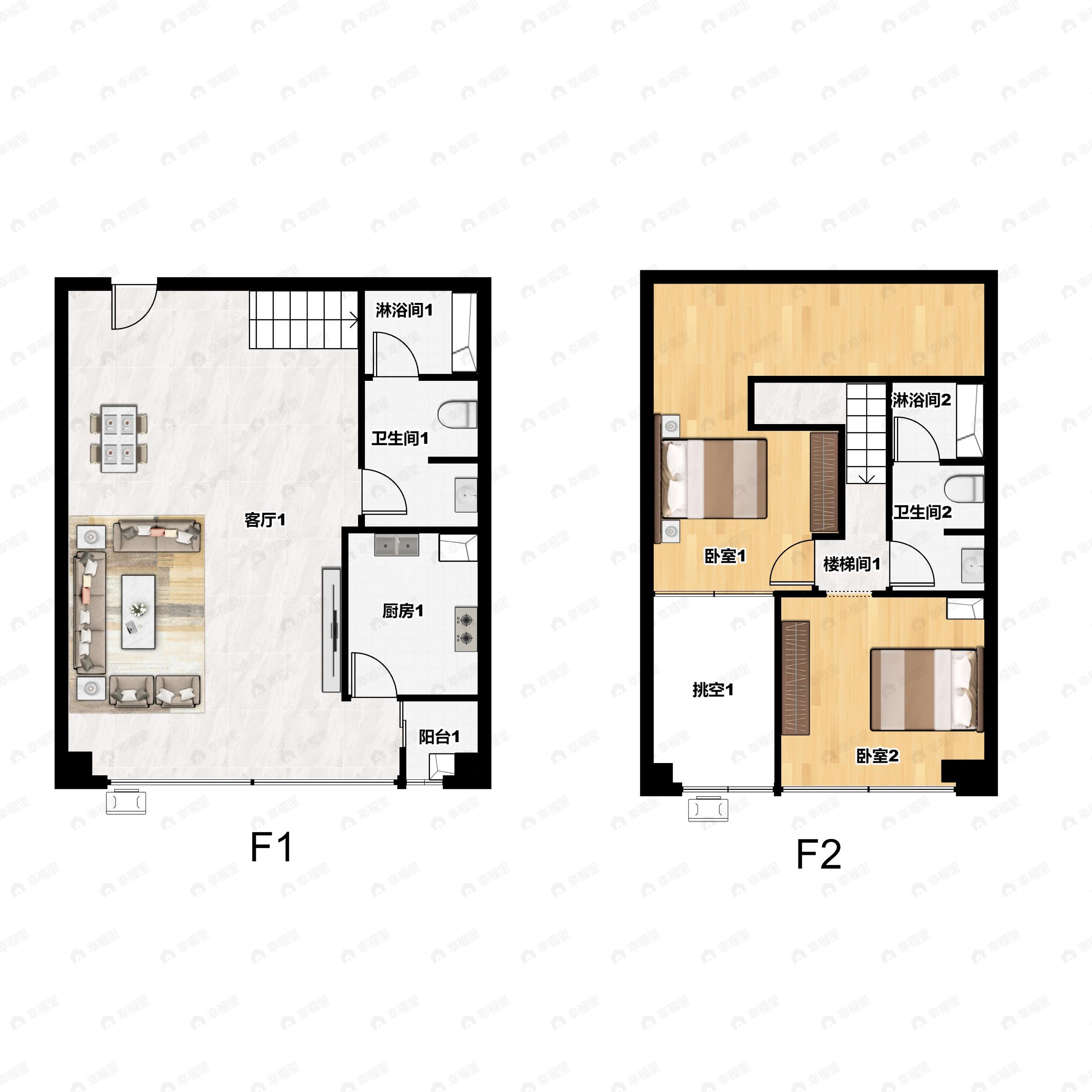 2室2厅2卫建面57平南|北户型图