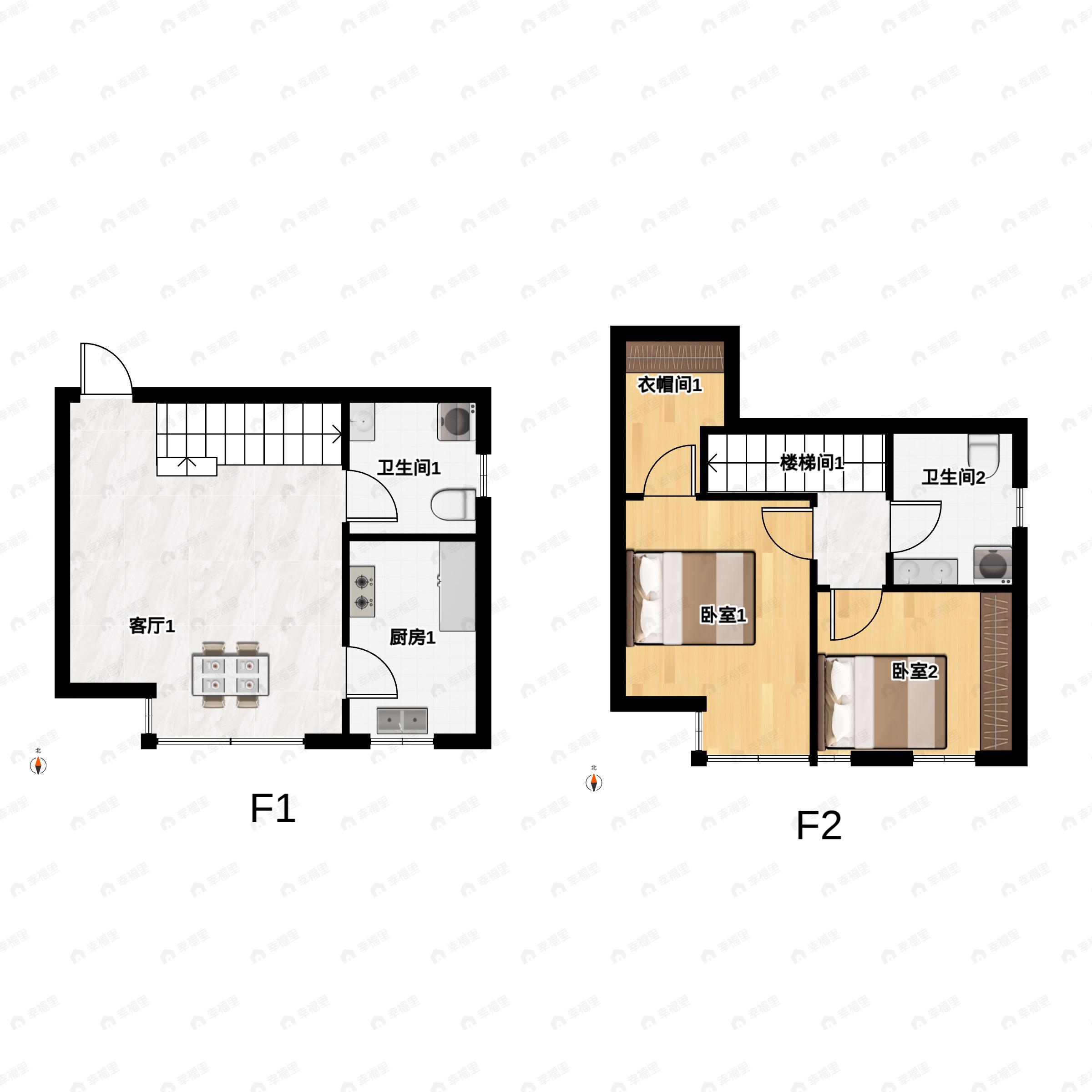 2室1厅2卫建面45平户型图