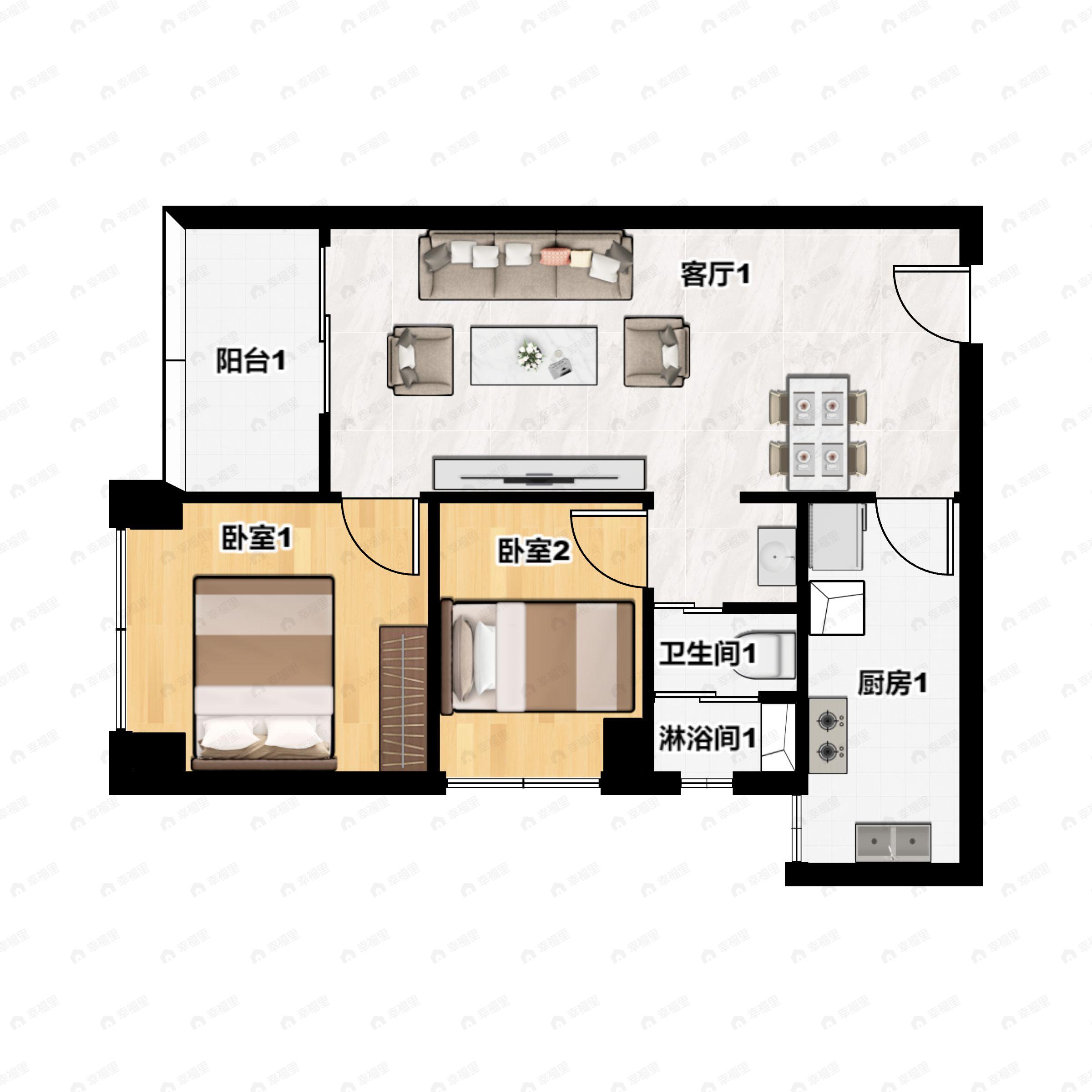 2室2厅1卫建面65平南户型图