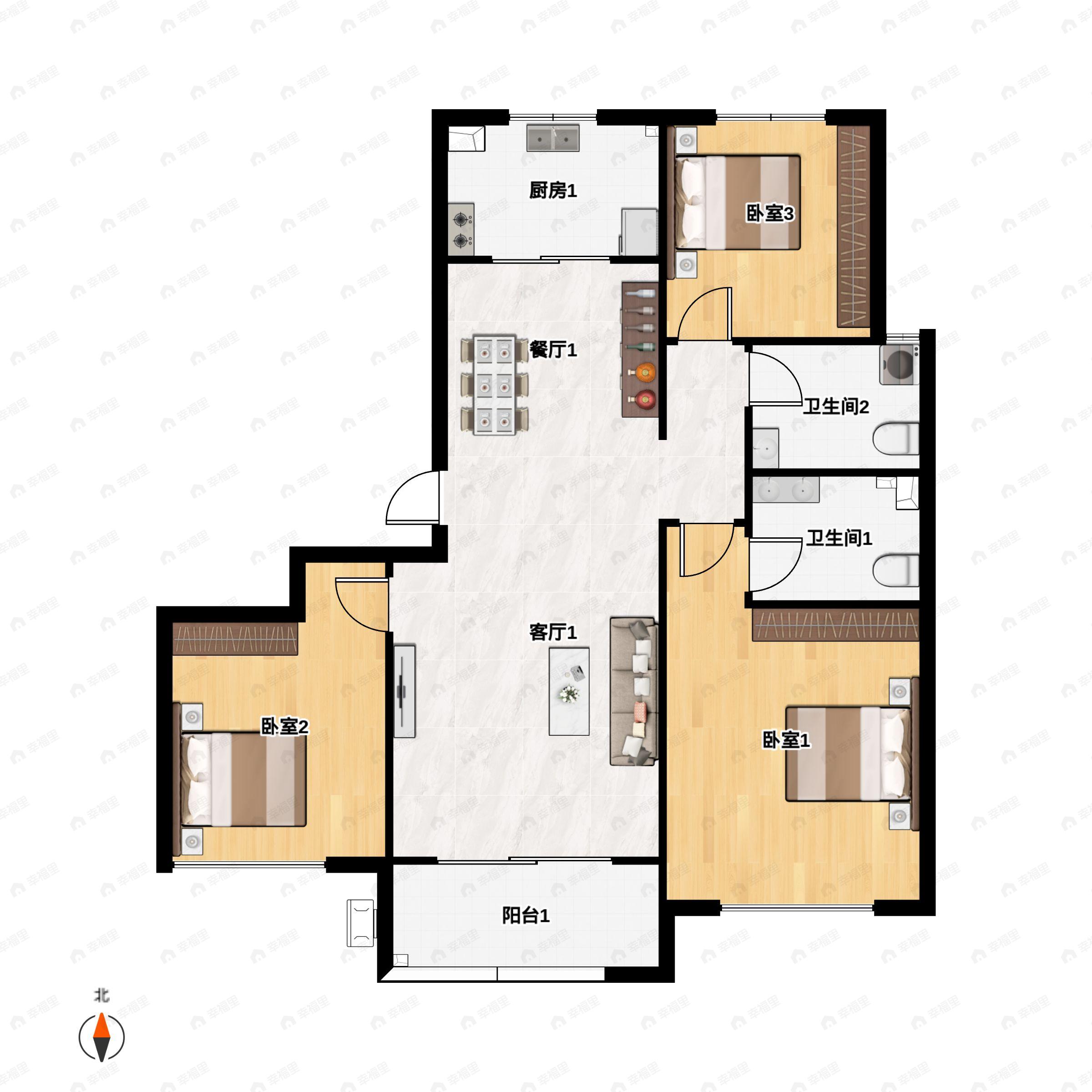 3室2厅2卫建面112m²南|北户型图