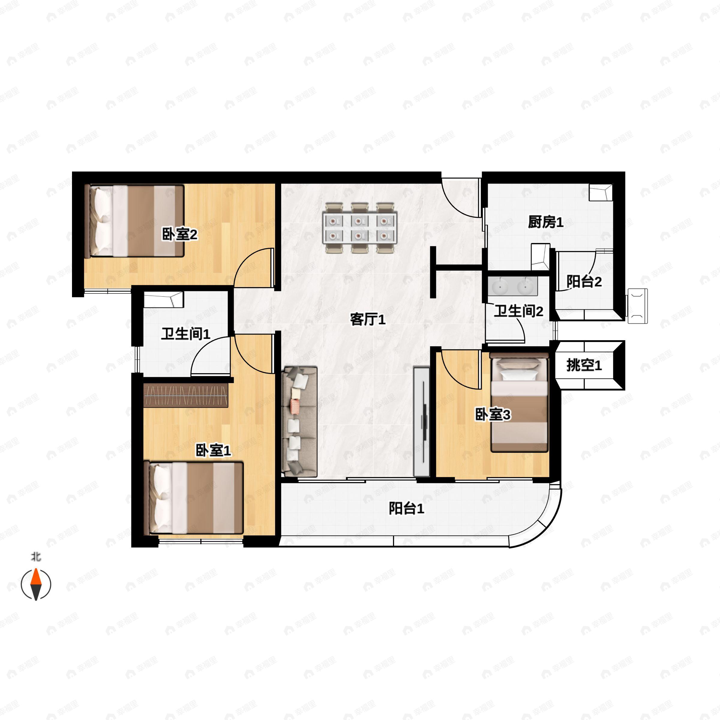3室2厅2卫建面124m²南户型图