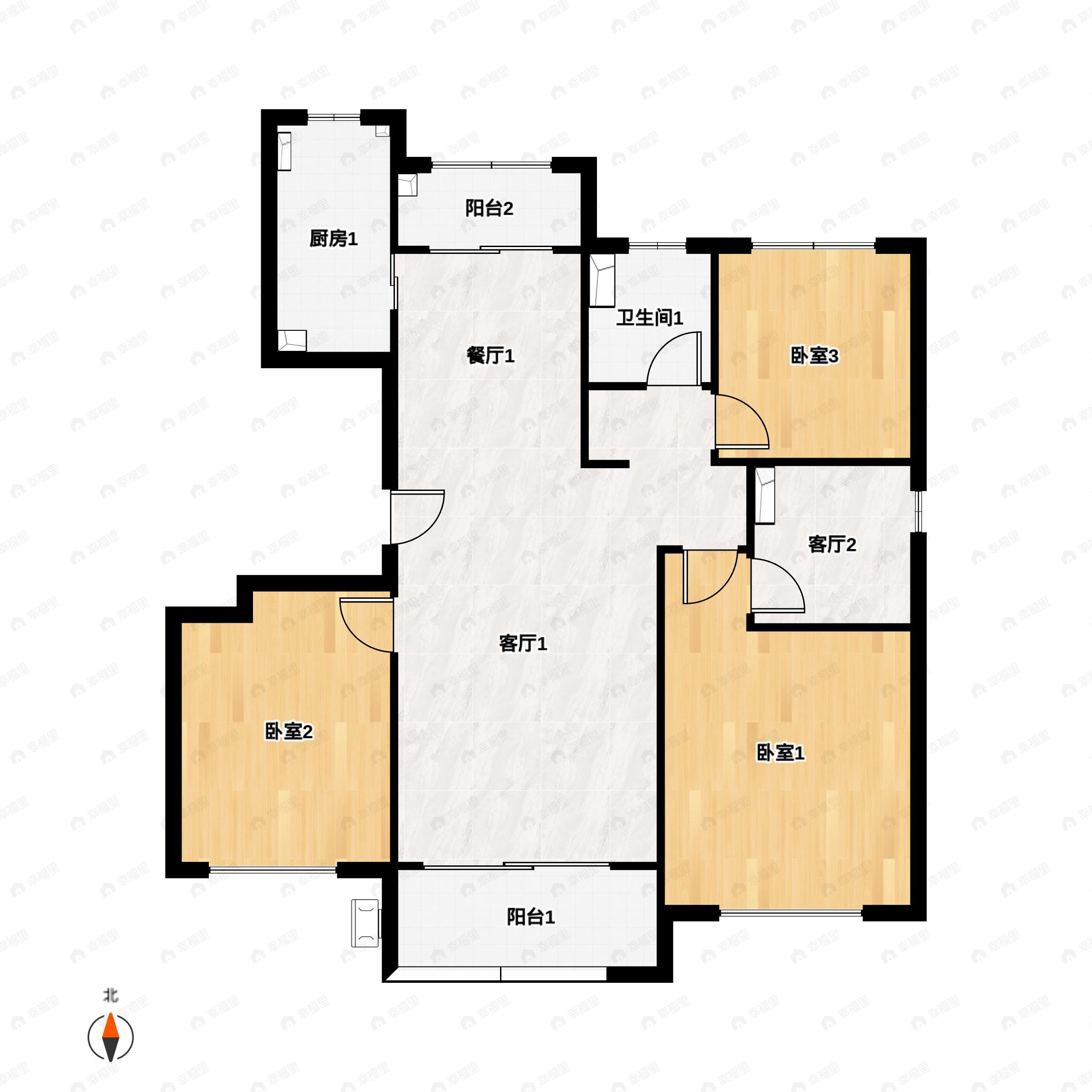 3室2厅2卫建面113m²南|北户型图